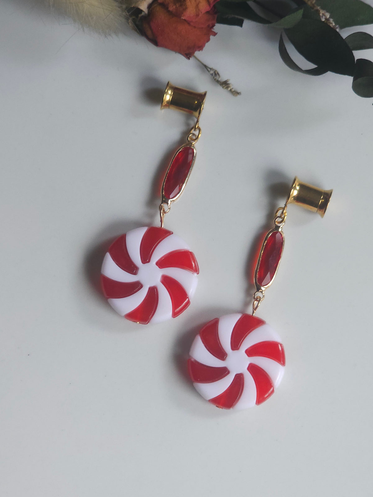 Peppermint candy Christmas dangle gauges