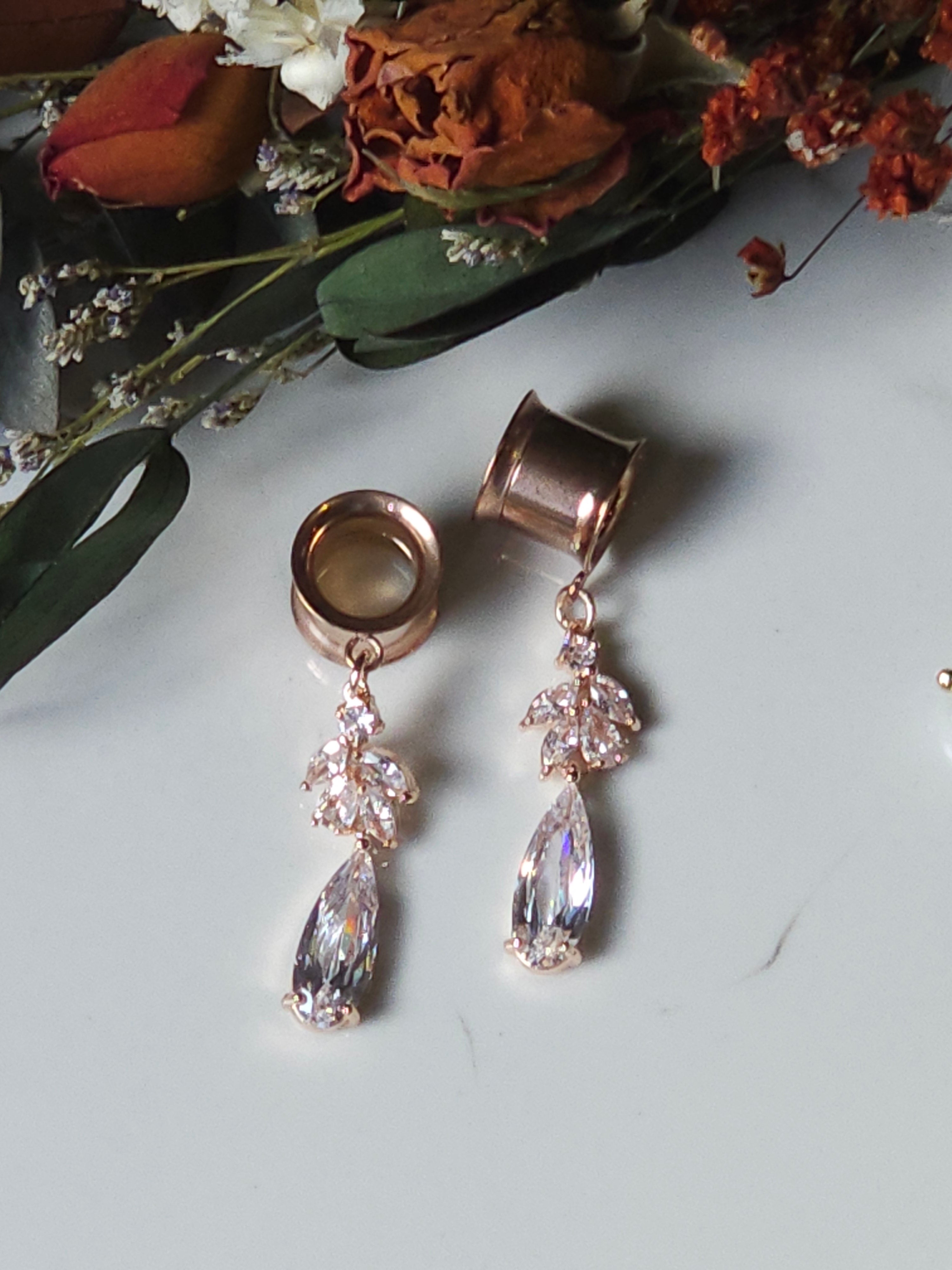 Rose Gold Crystal drop dangle gauges