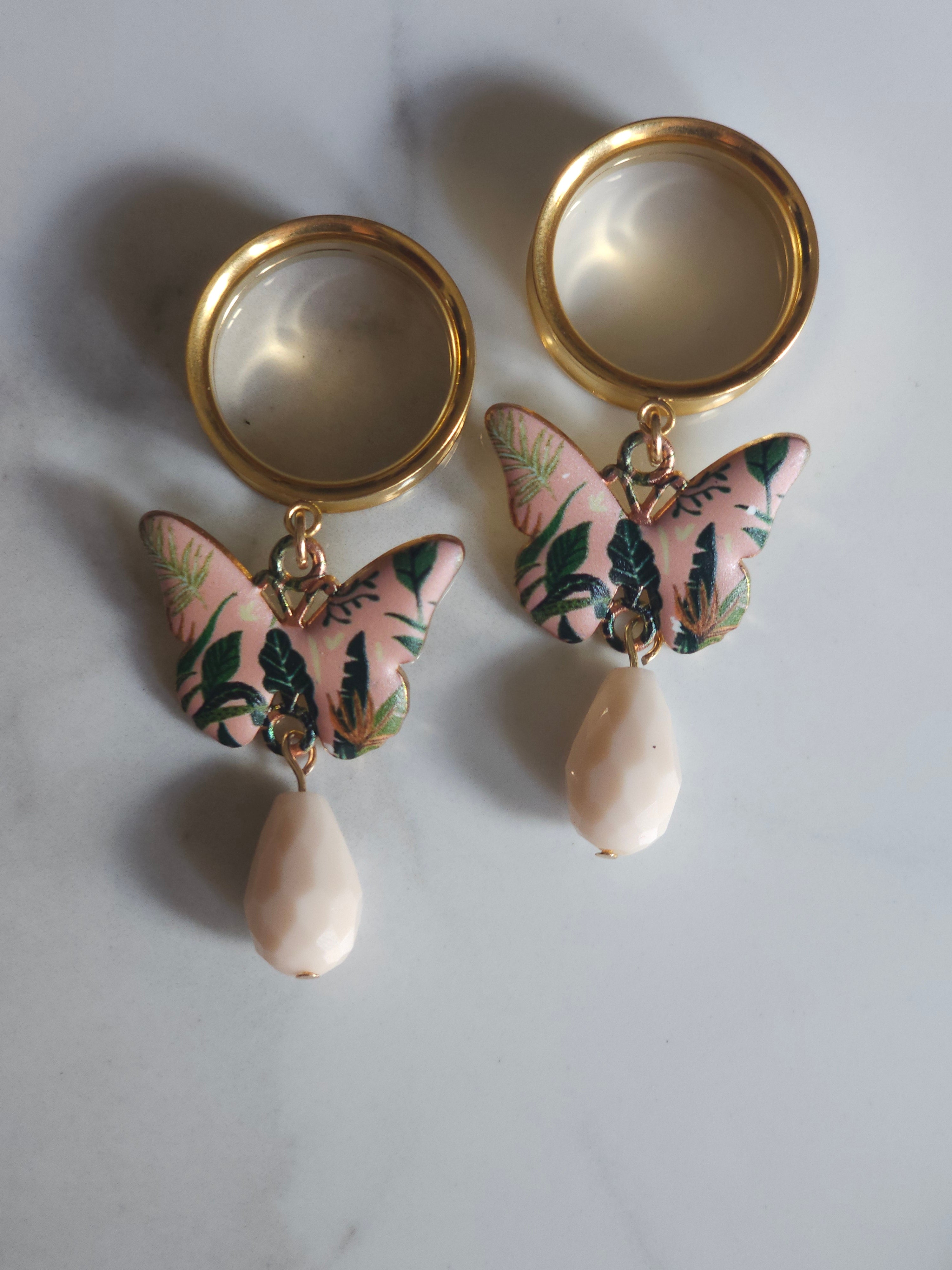 Pink butterfly dangle gauges