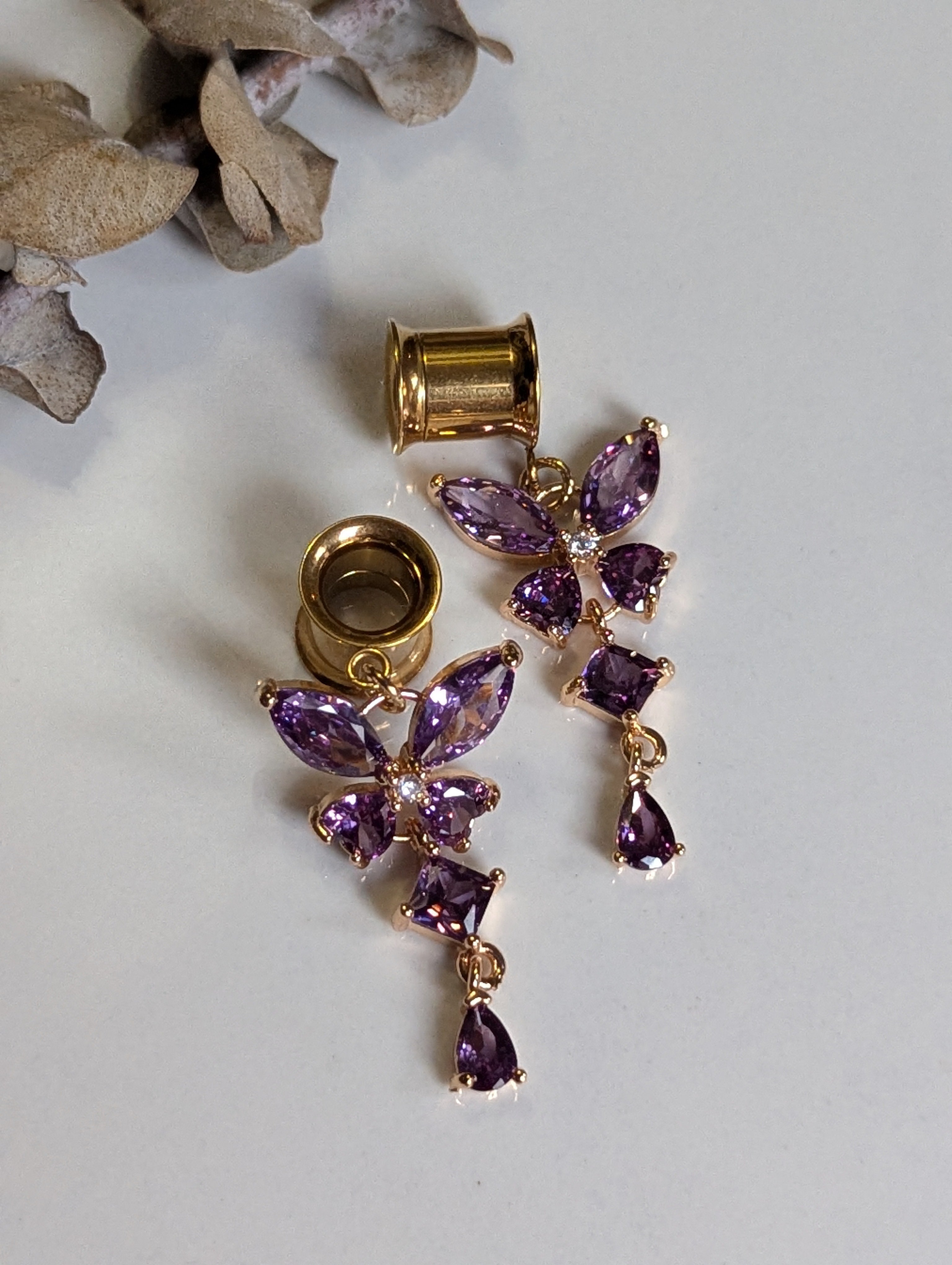 Crystal butterfly dangle gauges