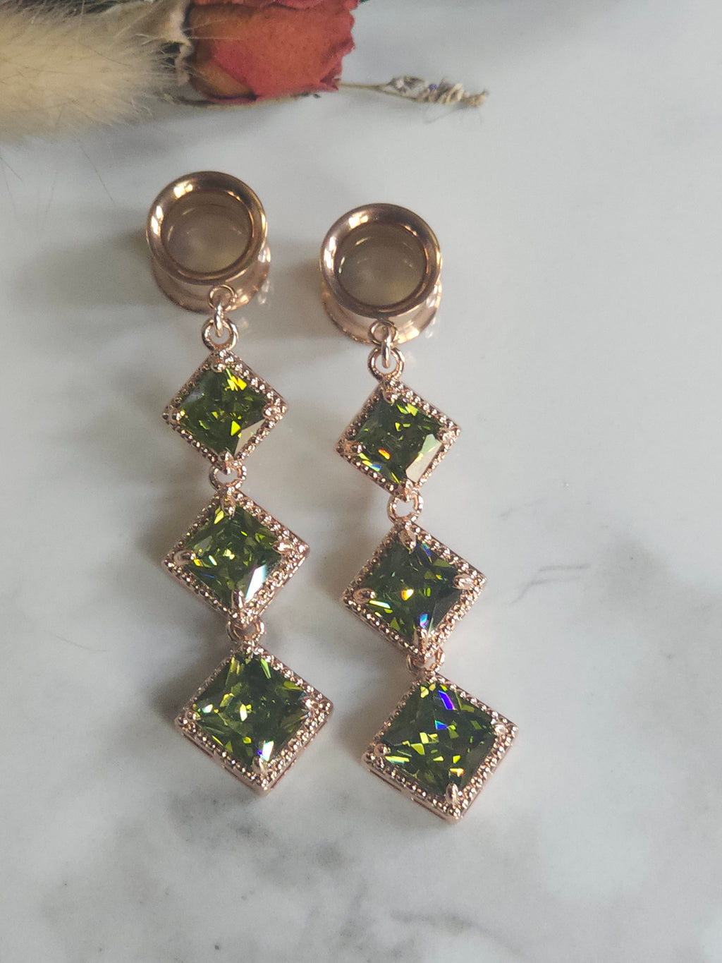 Rose Gold and Olive dangle gauges