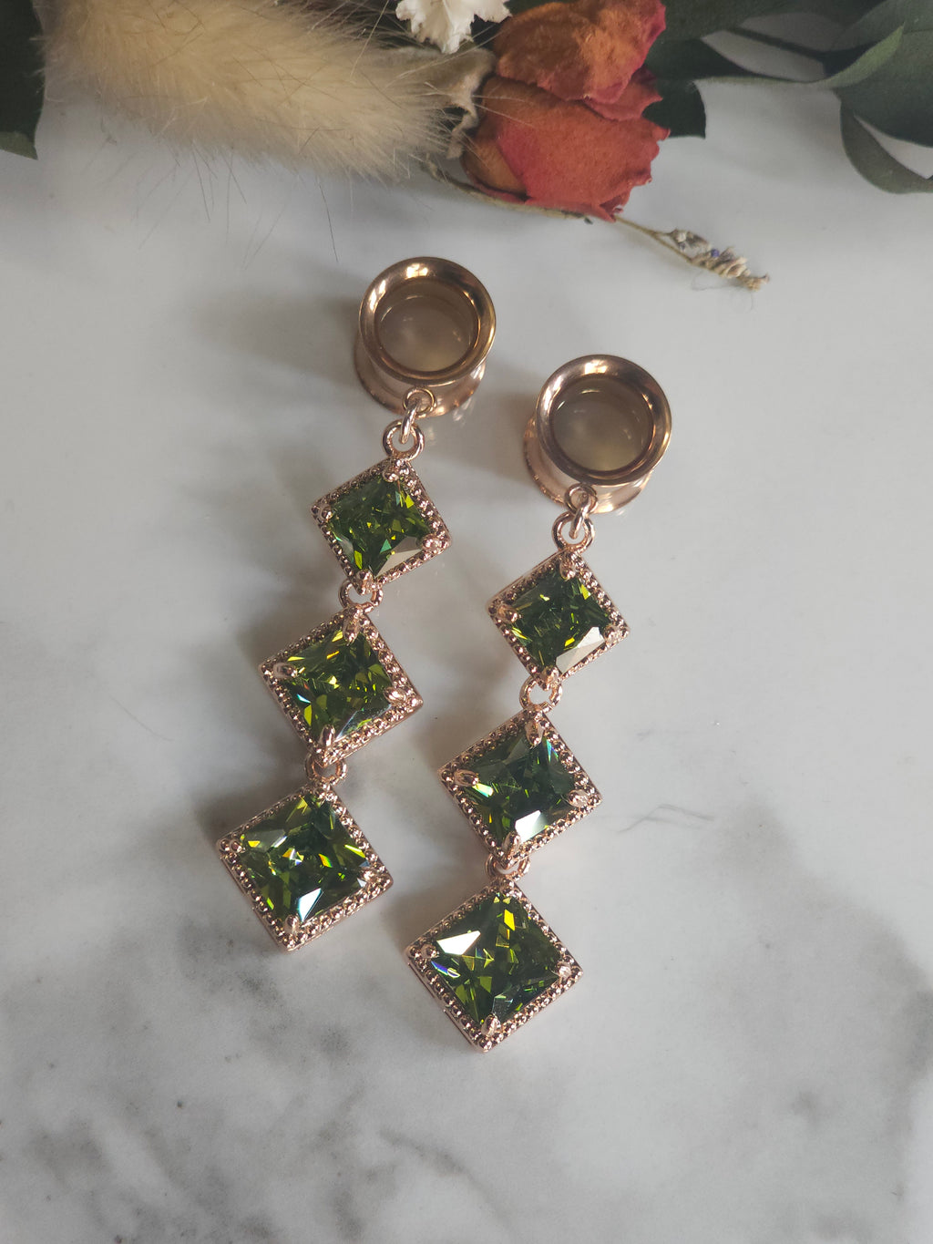 Rose Gold and Olive dangle gauges