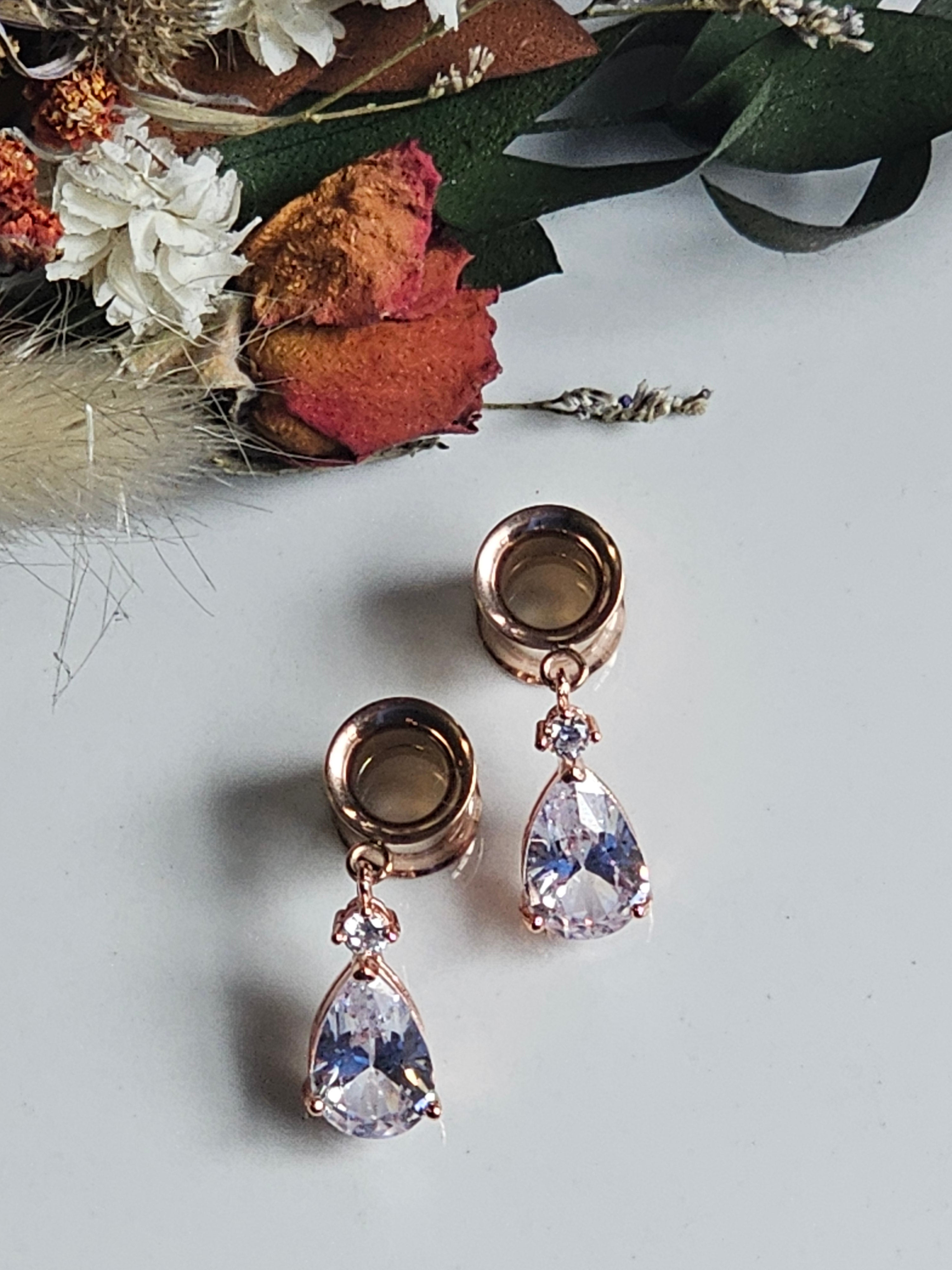 Rose Gold crystal drop bridal dangle gauges