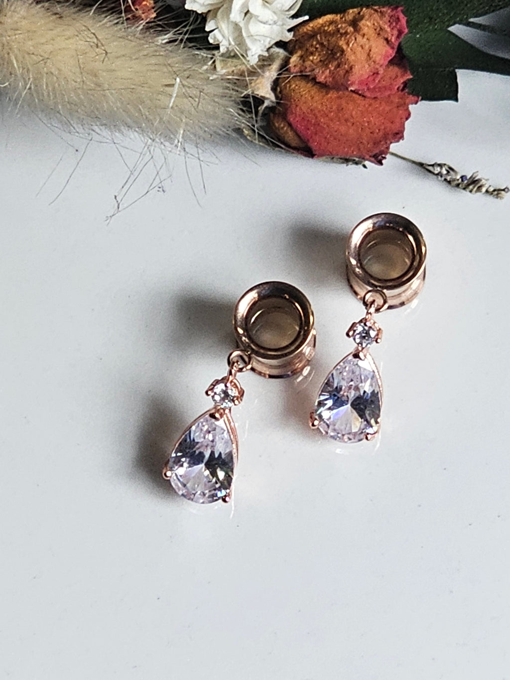 Rose Gold crystal drop bridal dangle gauges