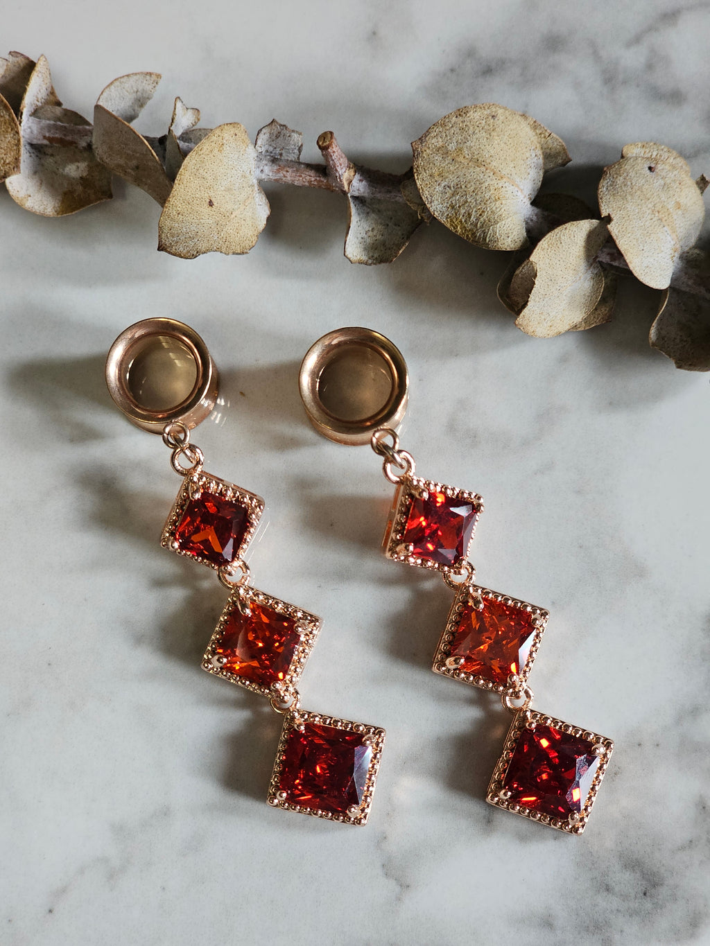 Rose Gold Red/Orange dangle gauges