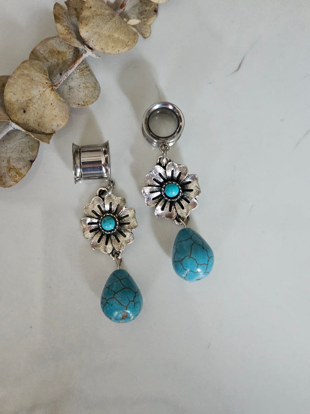 Floral Turquoise drop dangle gauges