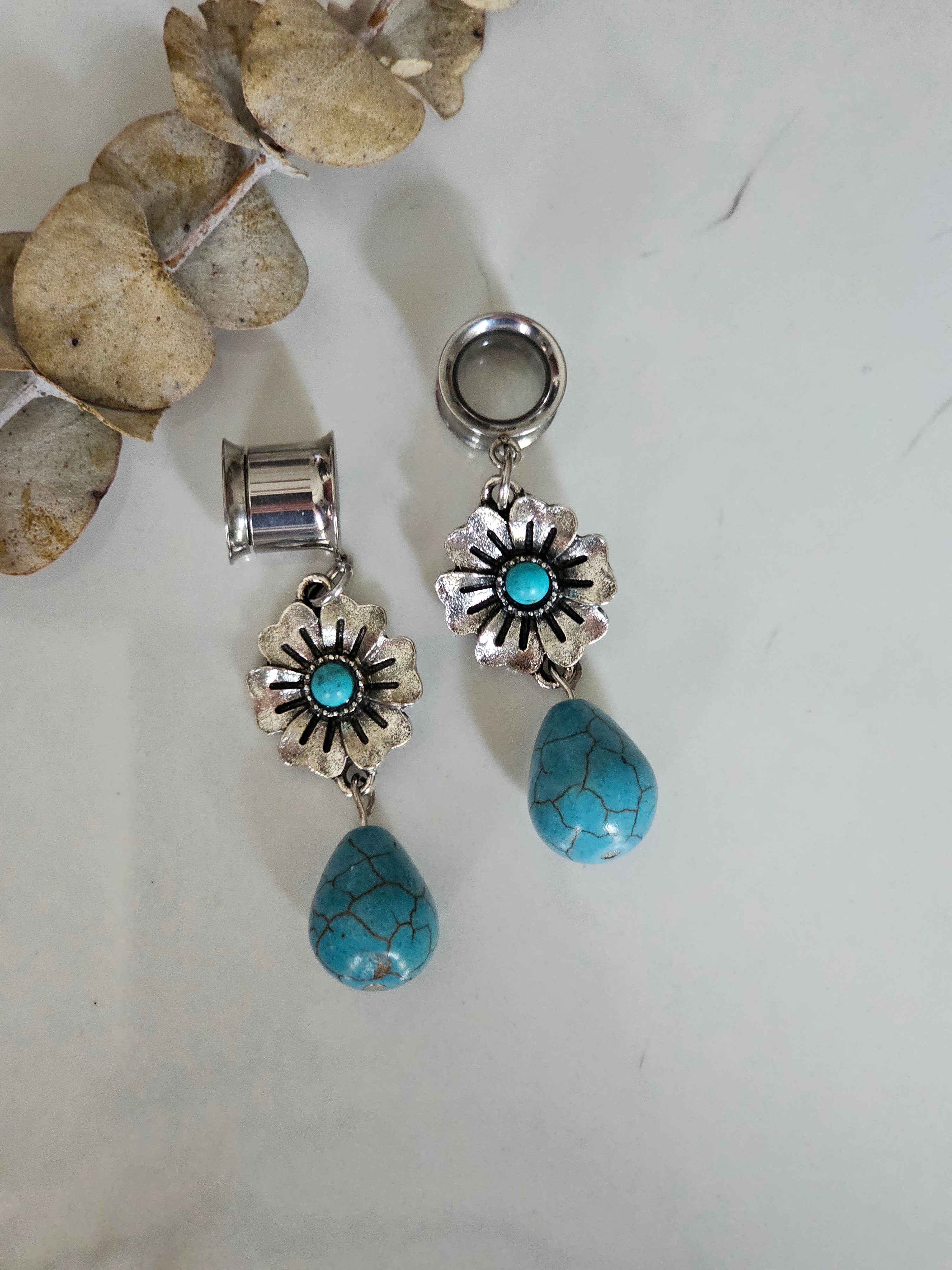 Floral Turquoise drop dangle gauges
