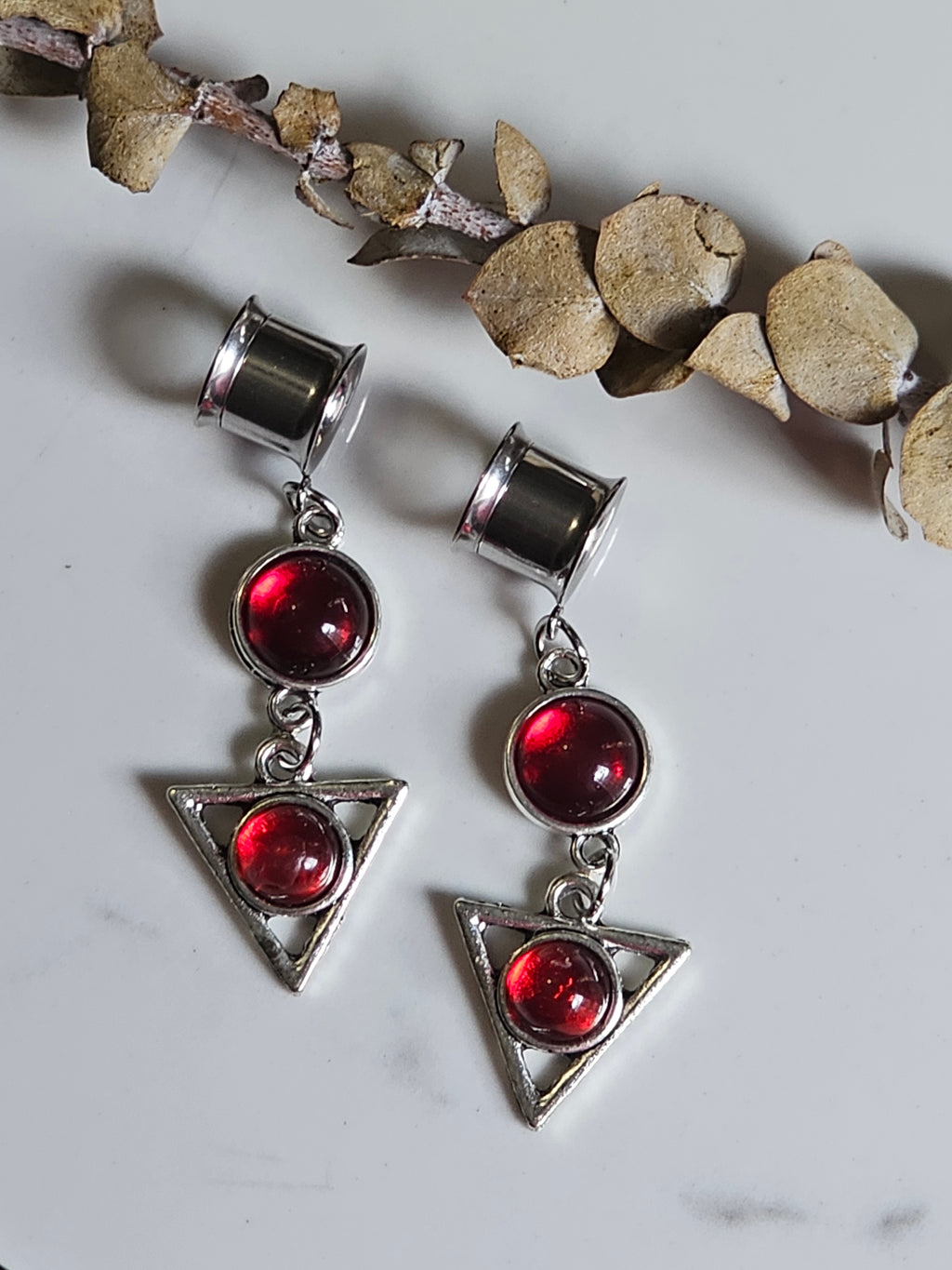 Red Gothic triangle dangle gauges