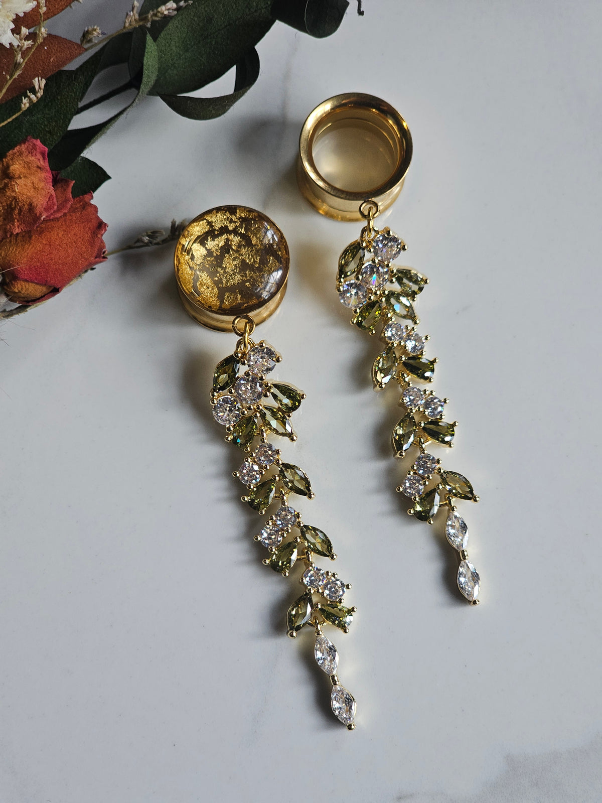 Beautiful Gold and Olive Crystal Bridal Dangle Gauges