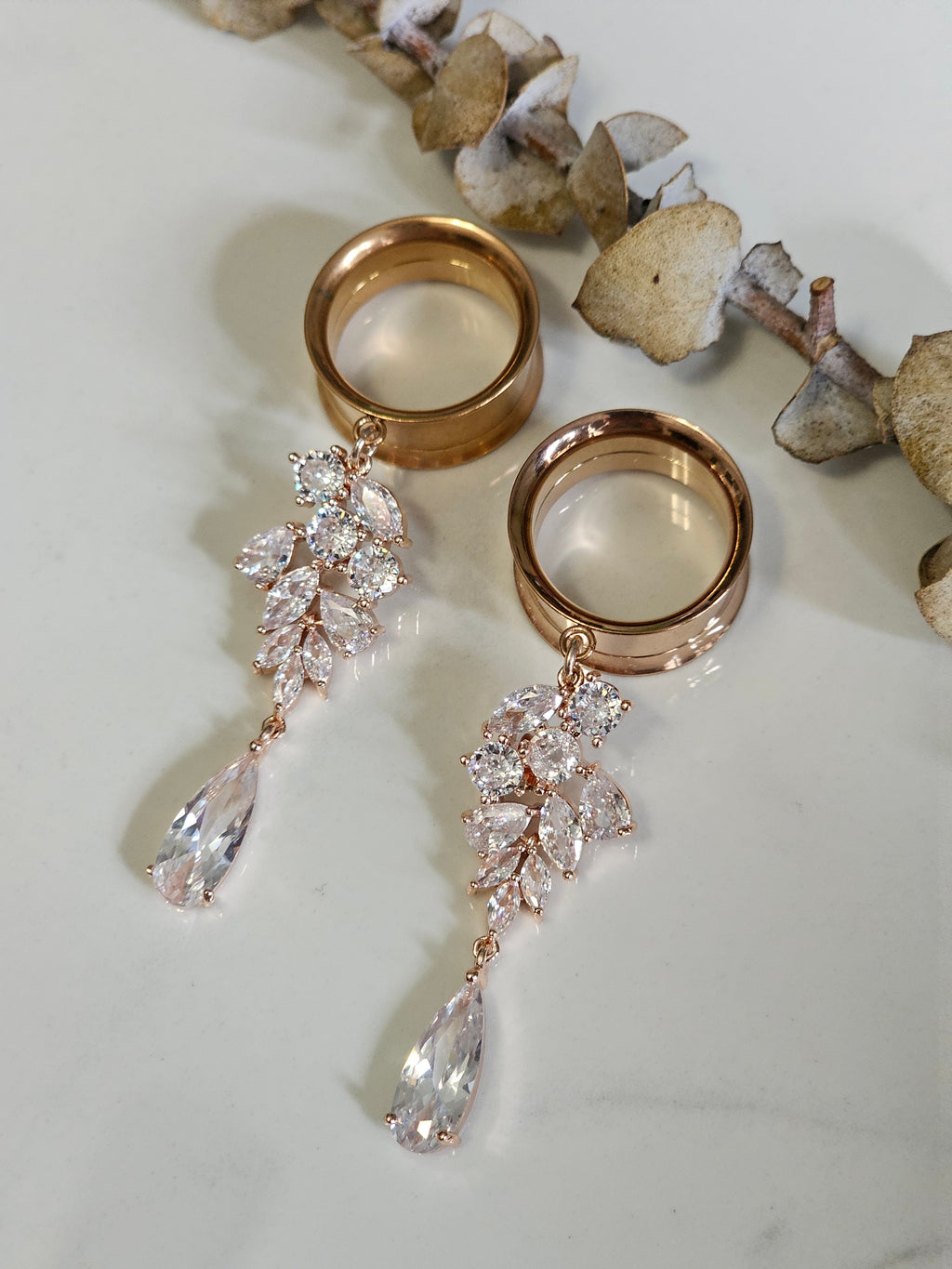 Rose Gold Crystal drop dangle gauges