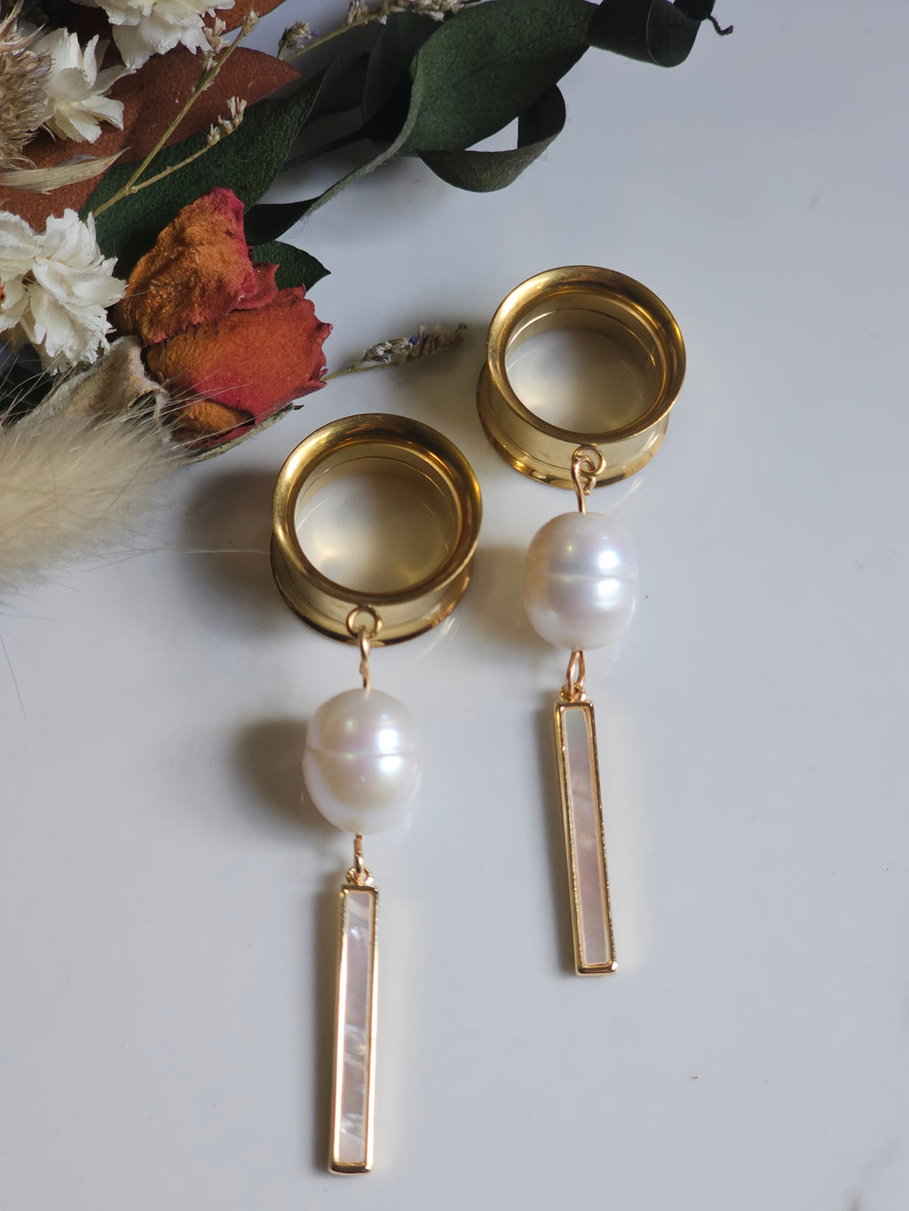 Golden Freshwater pearl  dangle gauges