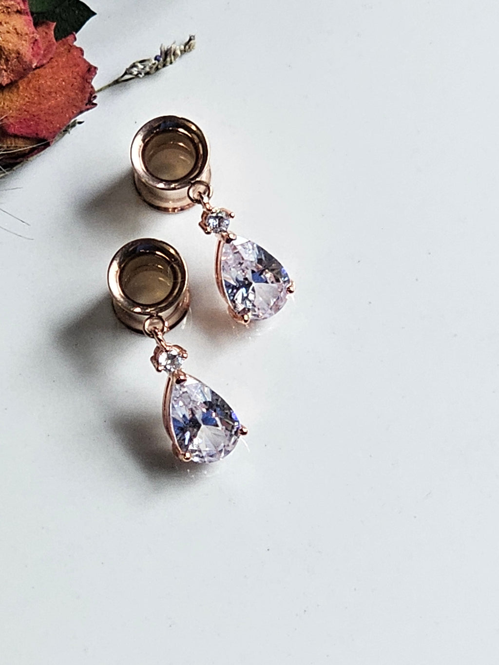 Rose Gold crystal drop bridal dangle gauges