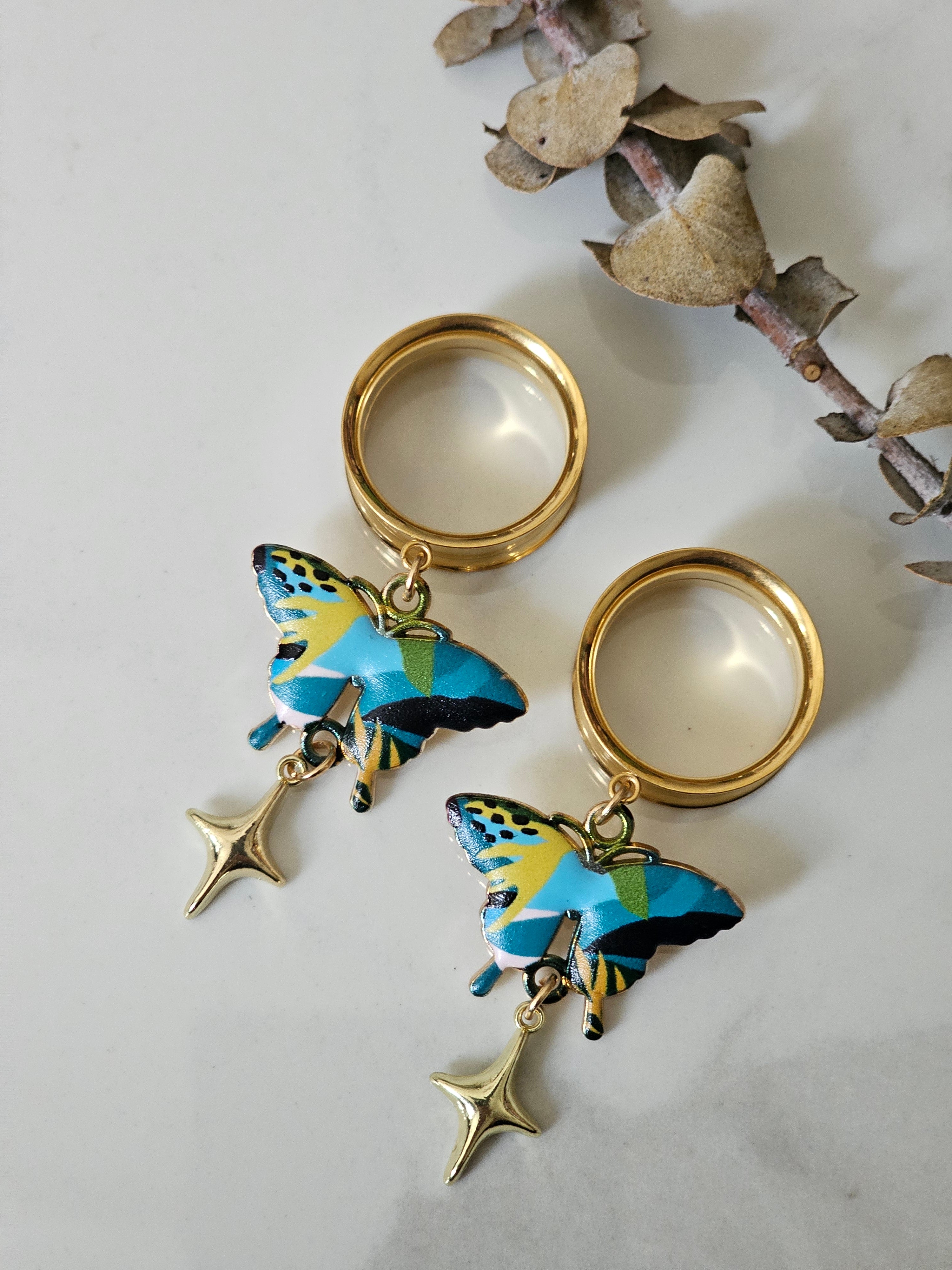 Blue butterfly dangle gauges