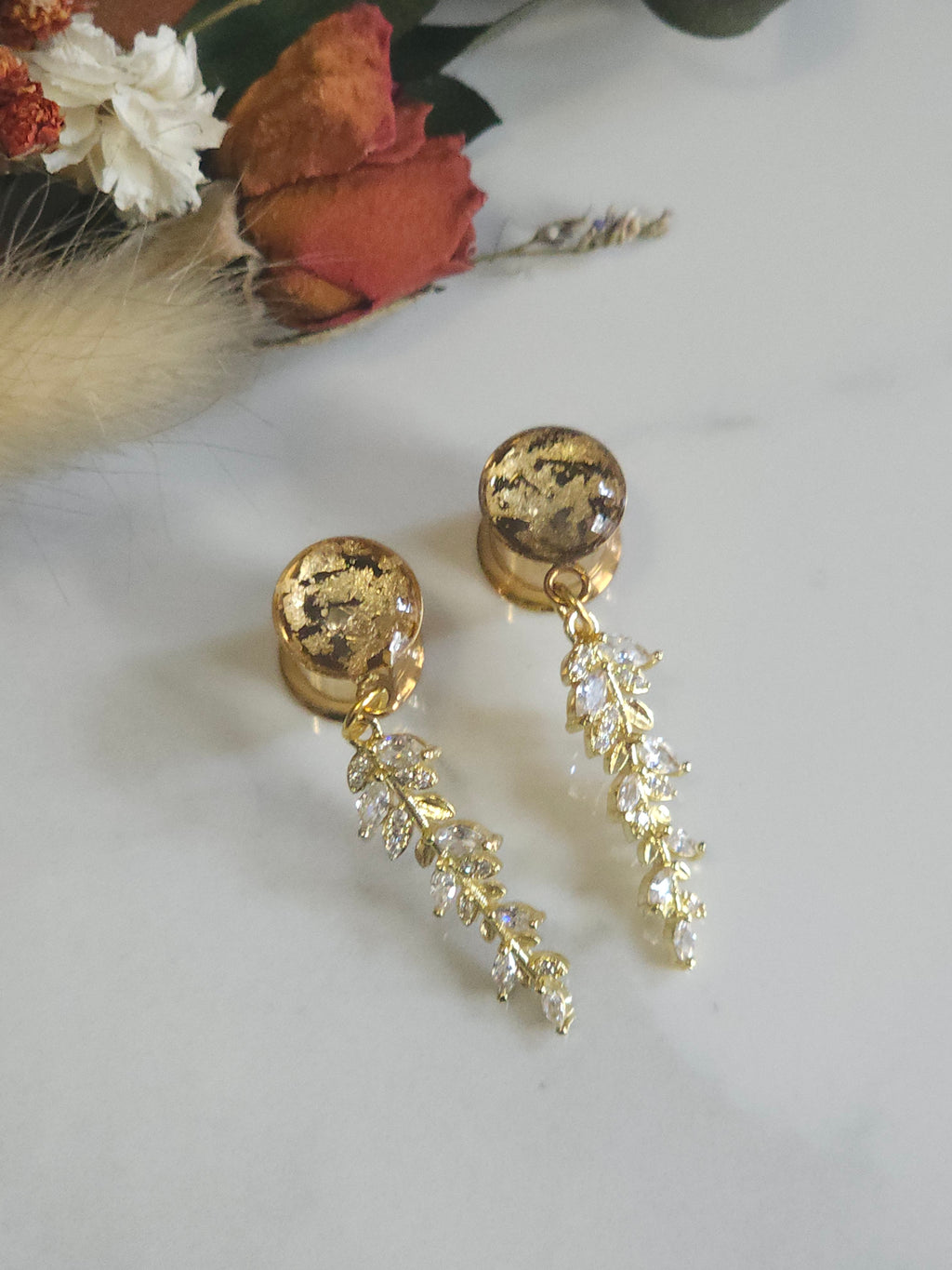 Gold Crystal leaf Dangle Gauges