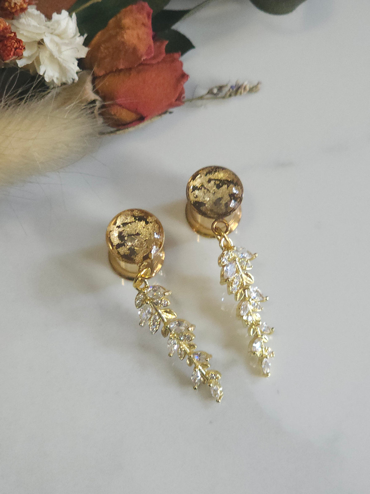 Gold Crystal leaf Dangle Gauges