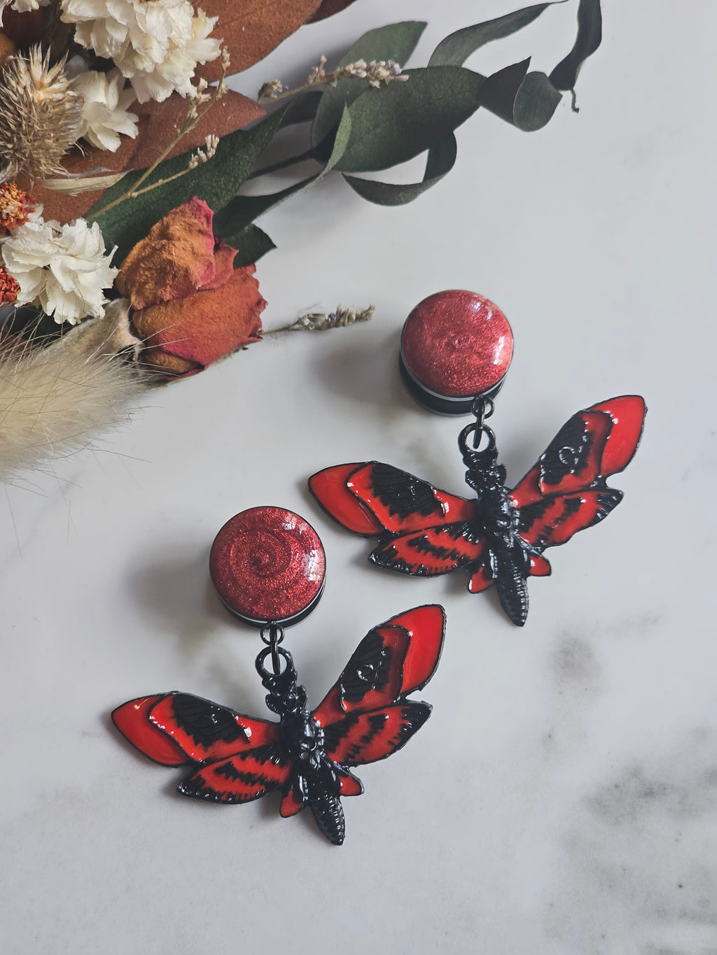 Black and Red death moth dangles gauges