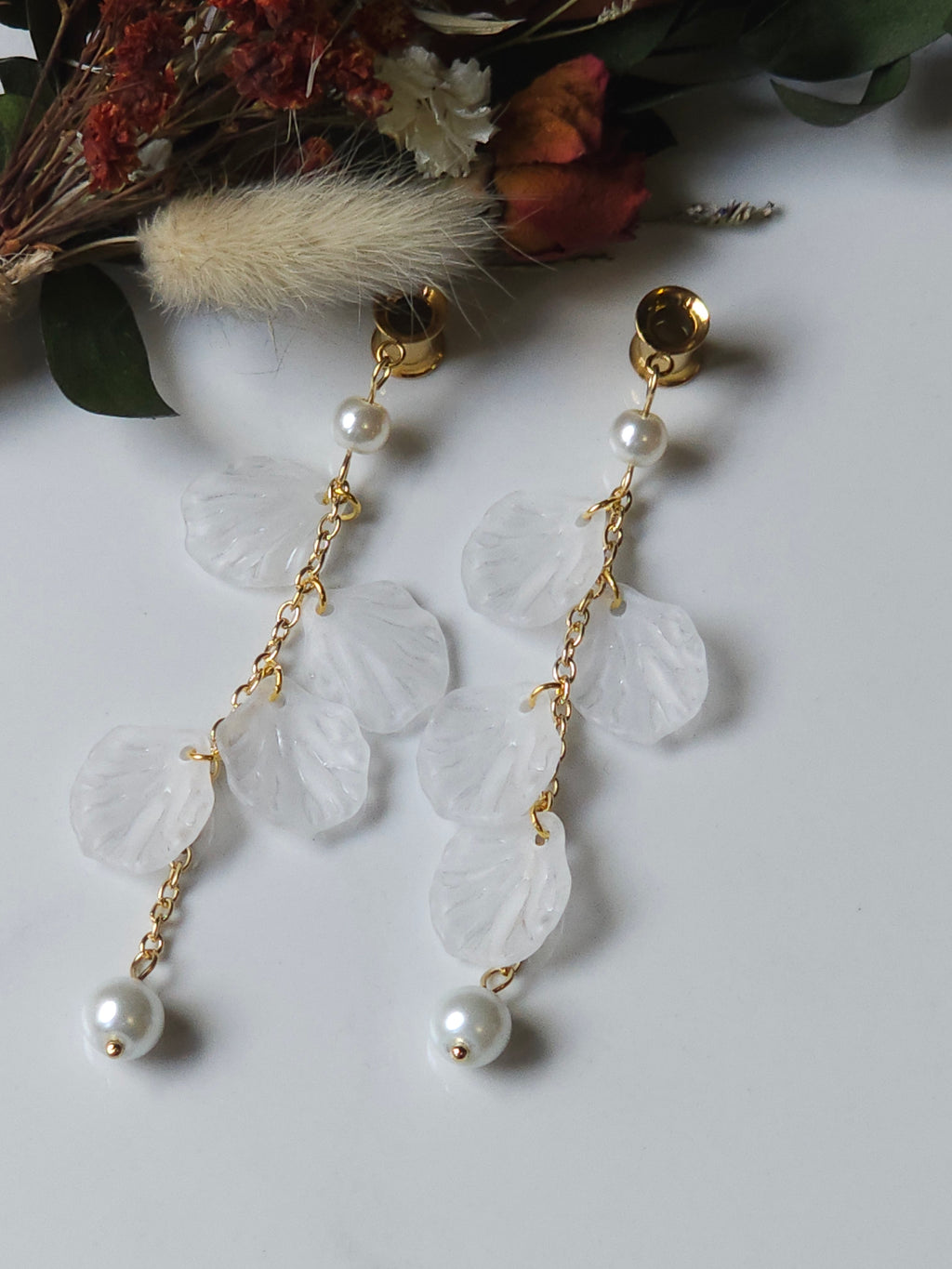 Petal and Faux pearl dangle gauges
