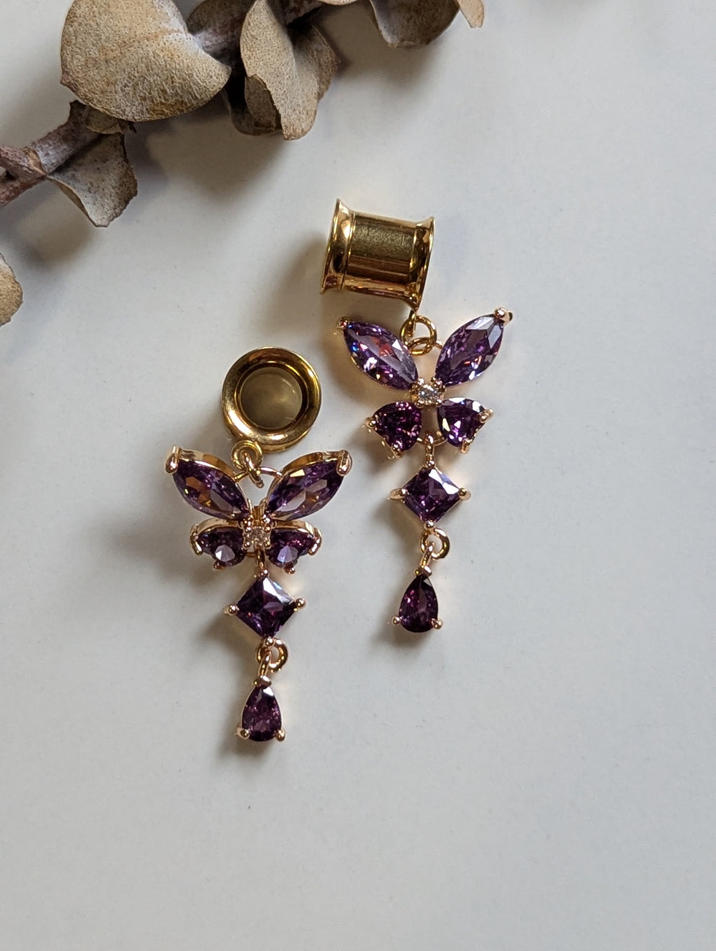 Crystal butterfly dangle gauges