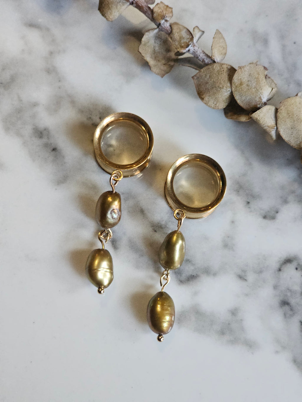 Golden Freshwater pearl dangle gauges