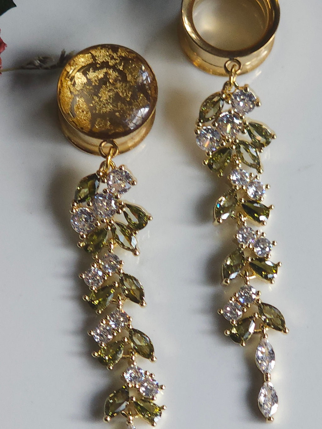 Beautiful Gold and Olive Crystal Bridal Dangle Gauges