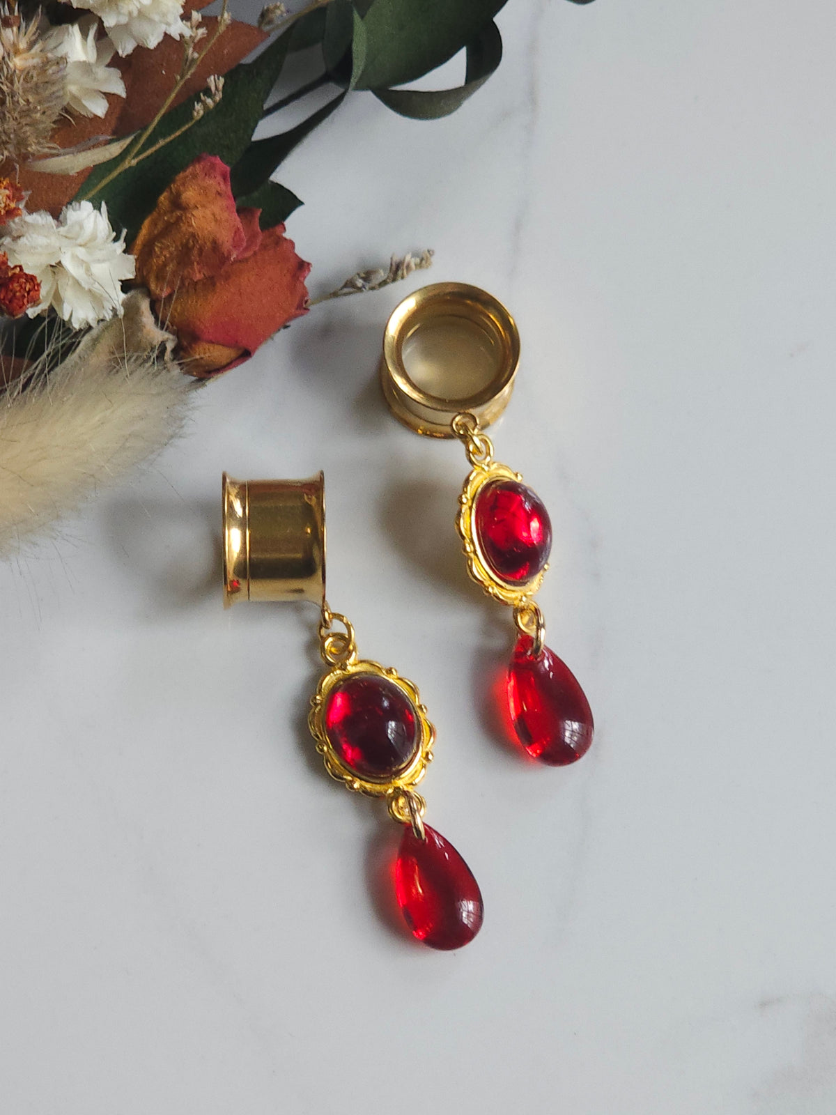 Red and Gold Gothic Dangle Gauges