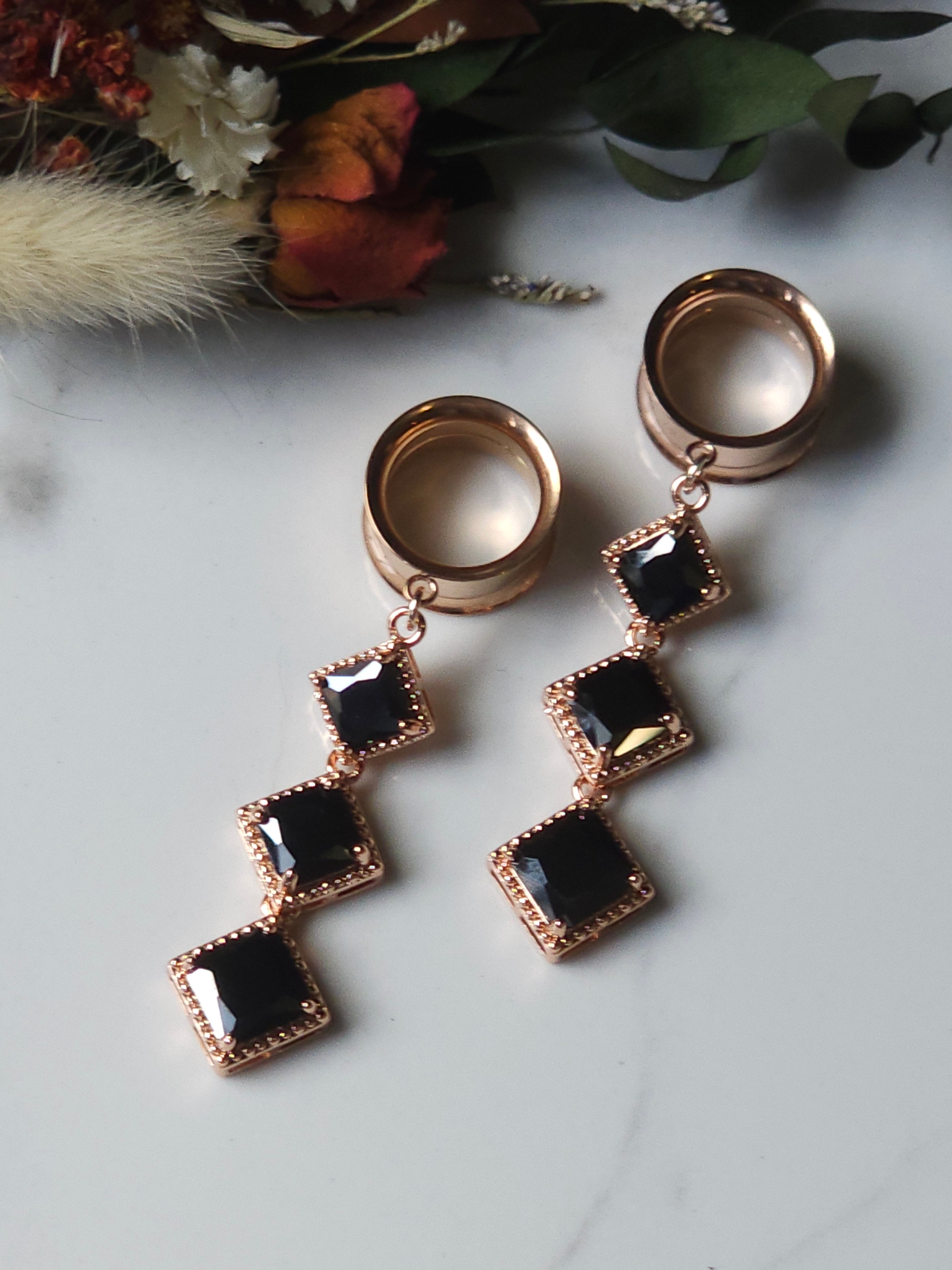 Rose Gold and Black dangle gauges