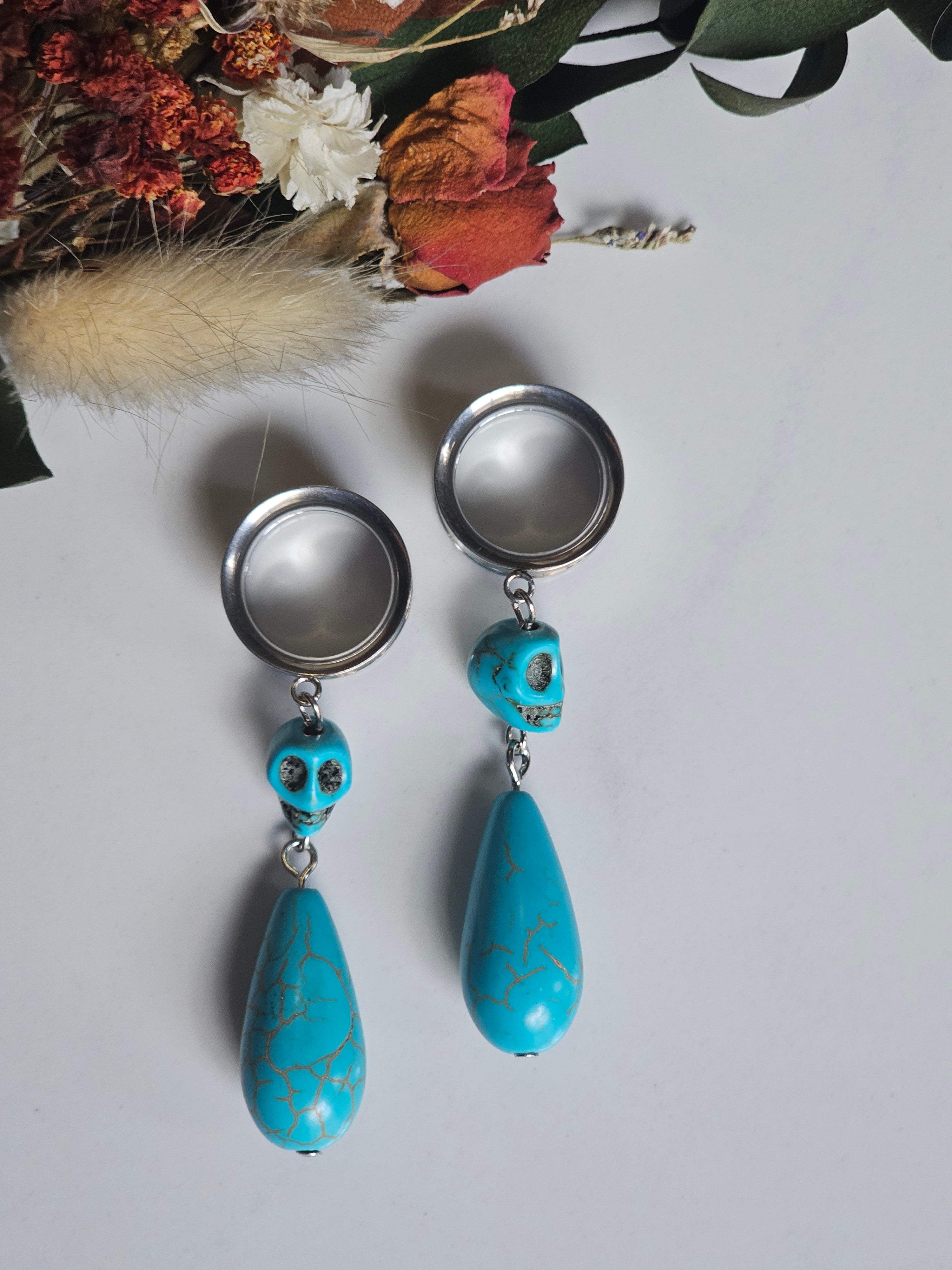 Skull Turquoise drop dangle gauges