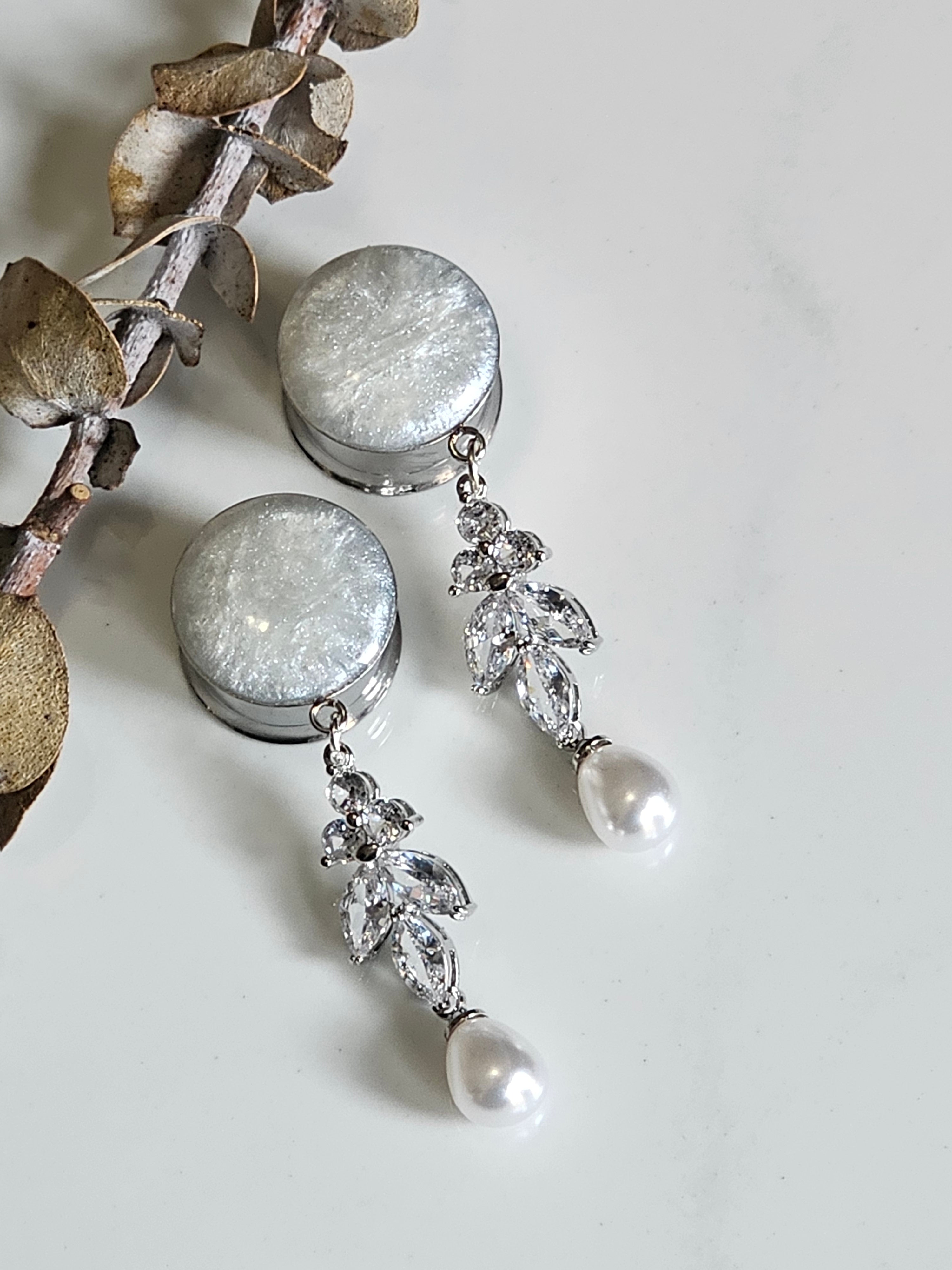 Silver Faux pearl Bridal Dangle Gauges