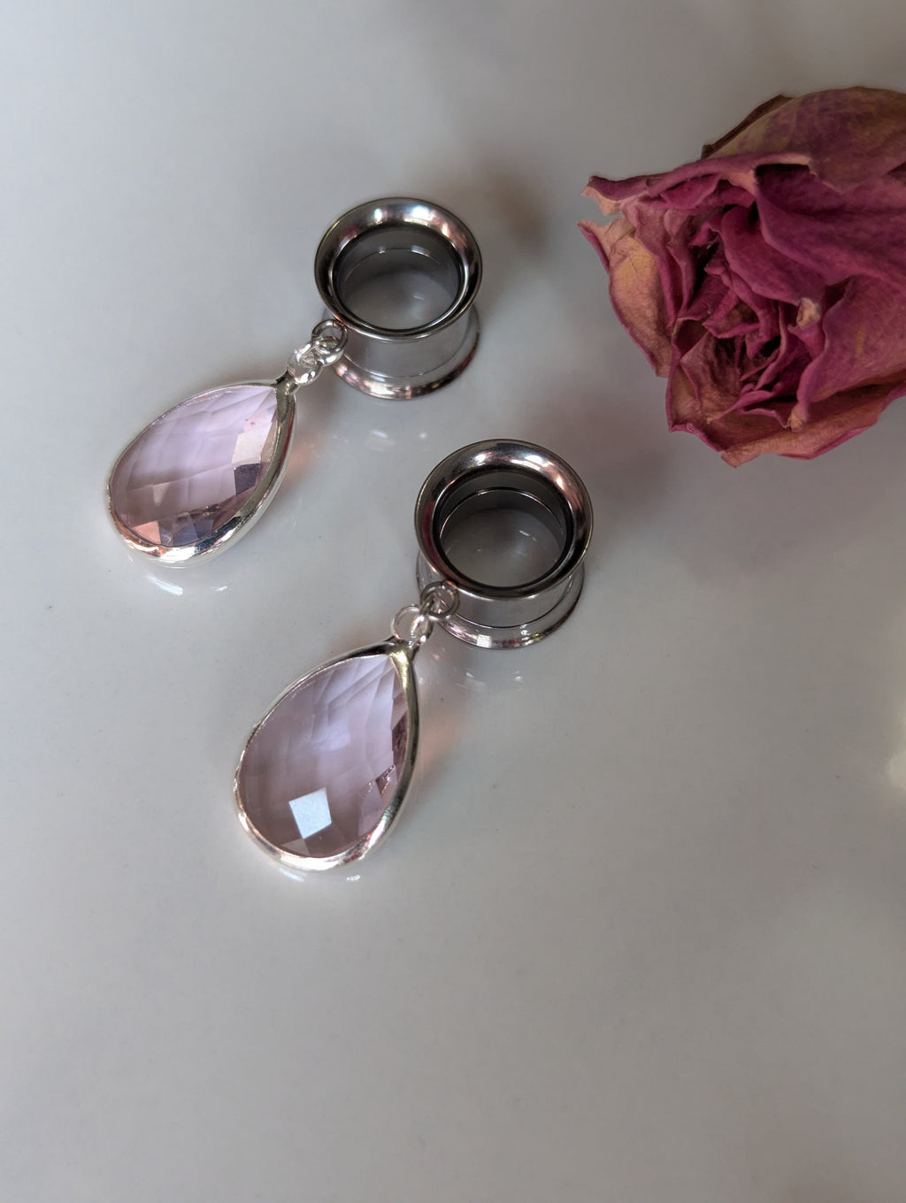 Pink crystal dangle gauges