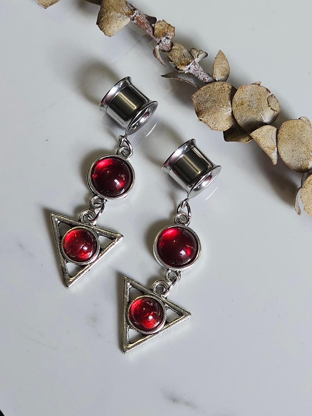 Red Gothic triangle dangle gauges