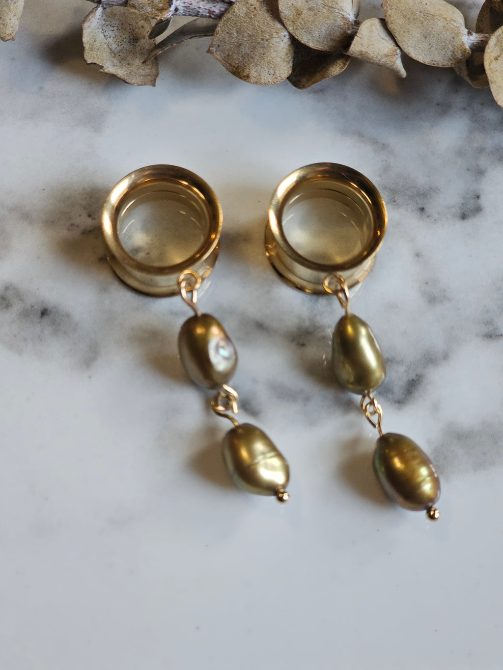 Golden Freshwater pearl dangle gauges