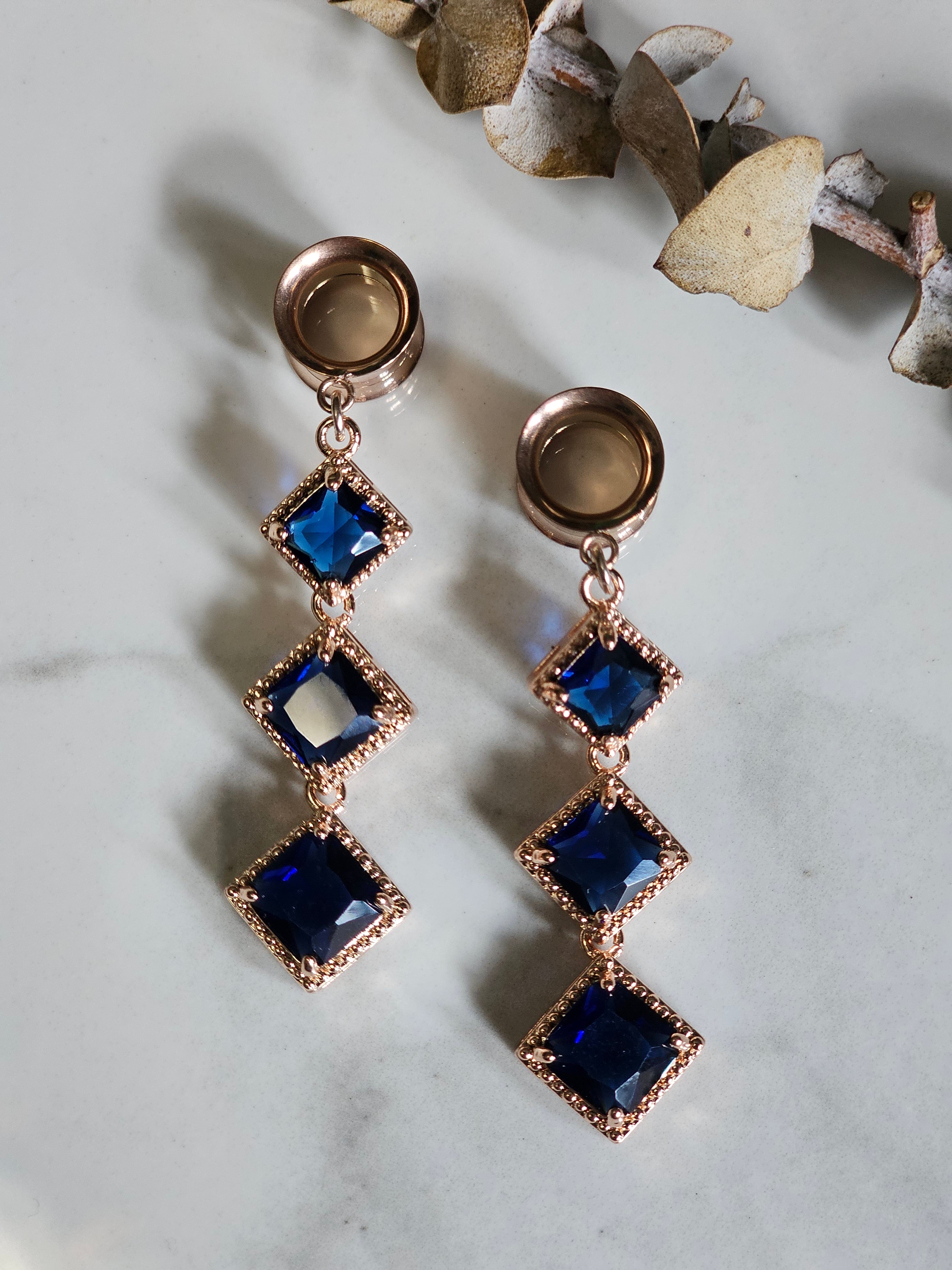 Rose Gold Dark blue dangle gauges
