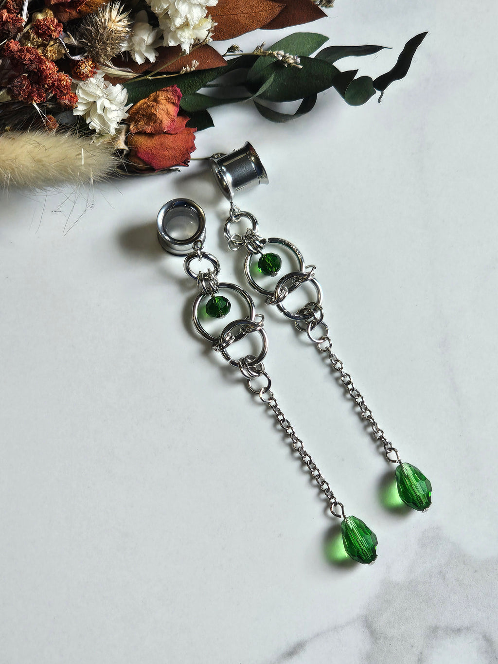 Teardrop green dangle gauges