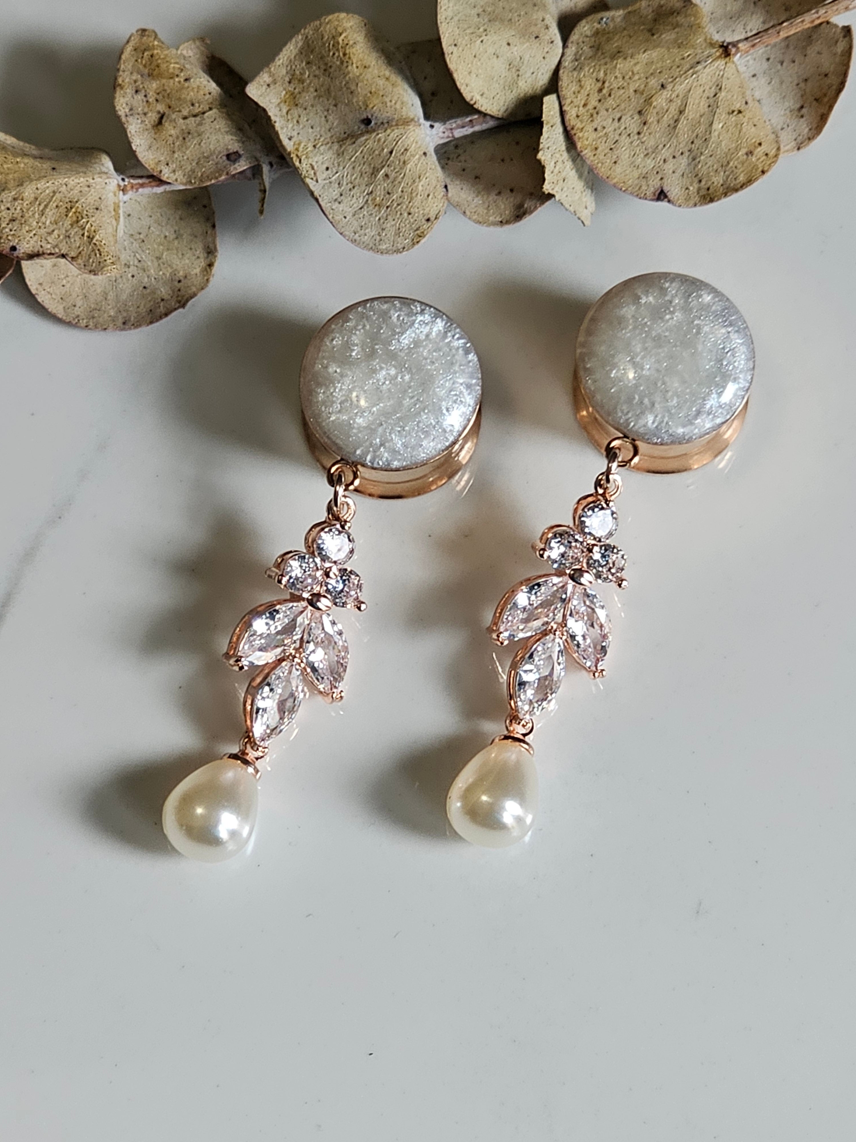 Rose Gold Faux pearl Bridal Dangle Gauges