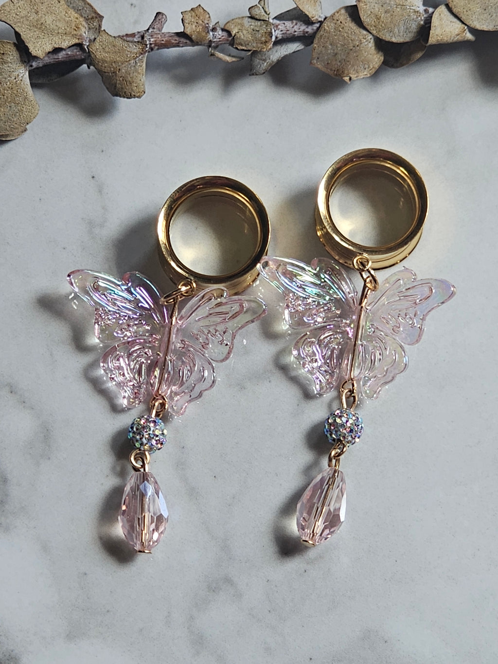 Pink butterfly dangle gauges