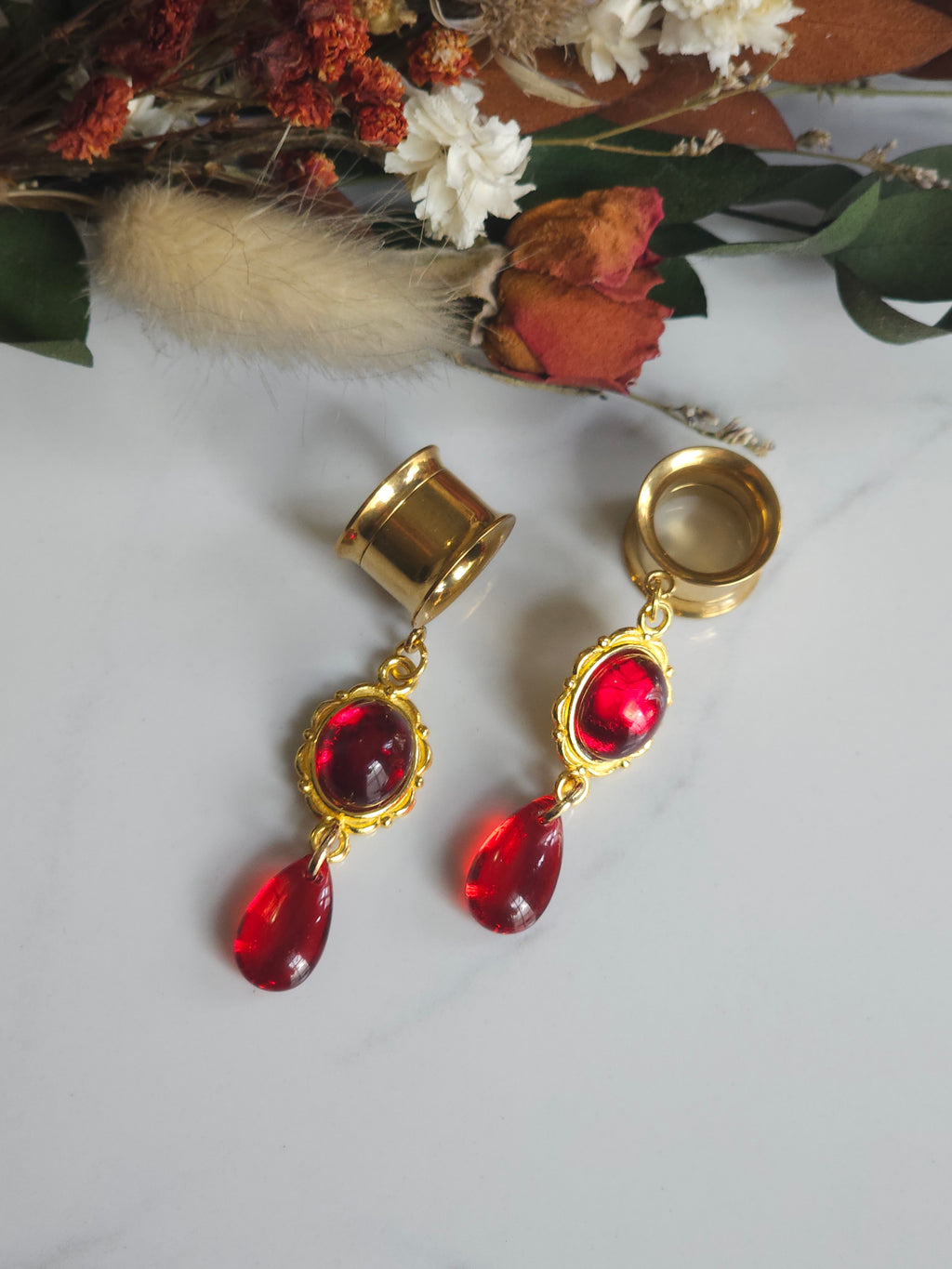 Red and Gold Gothic Dangle Gauges