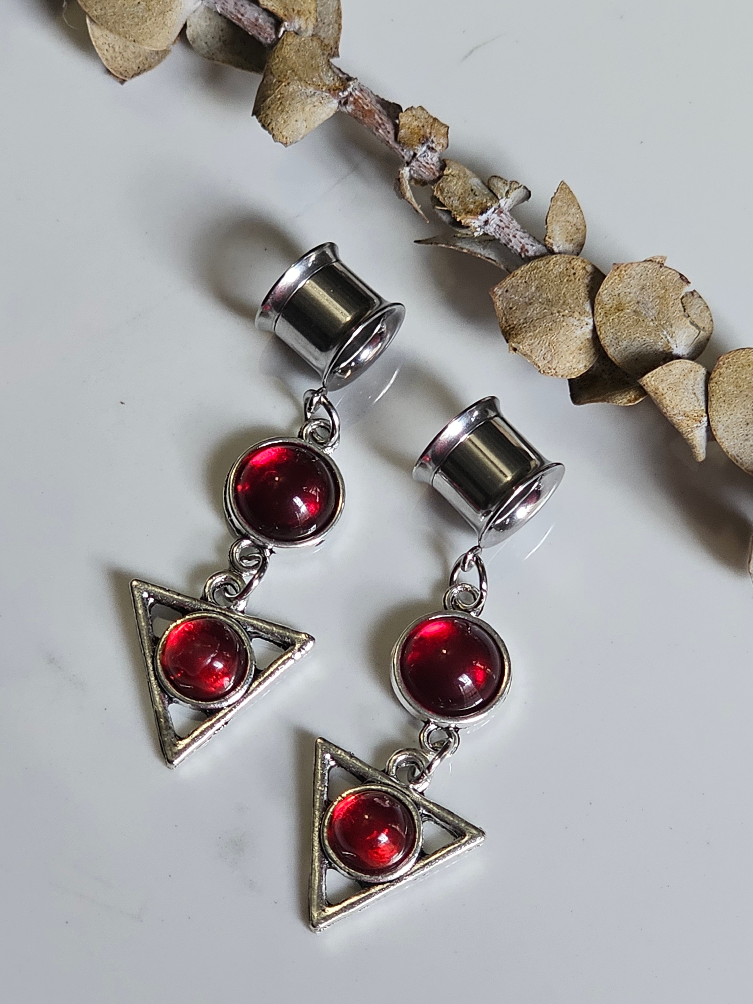 Red Gothic triangle dangle gauges