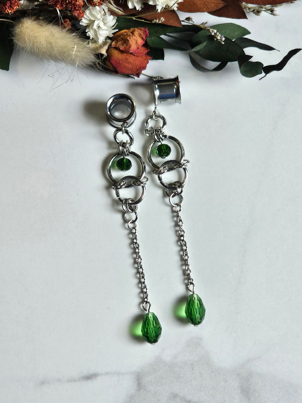 Teardrop green dangle gauges