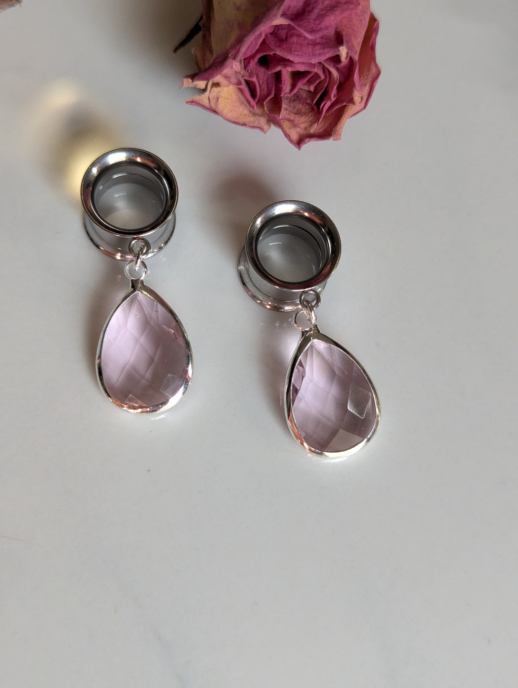Pink crystal dangle gauges