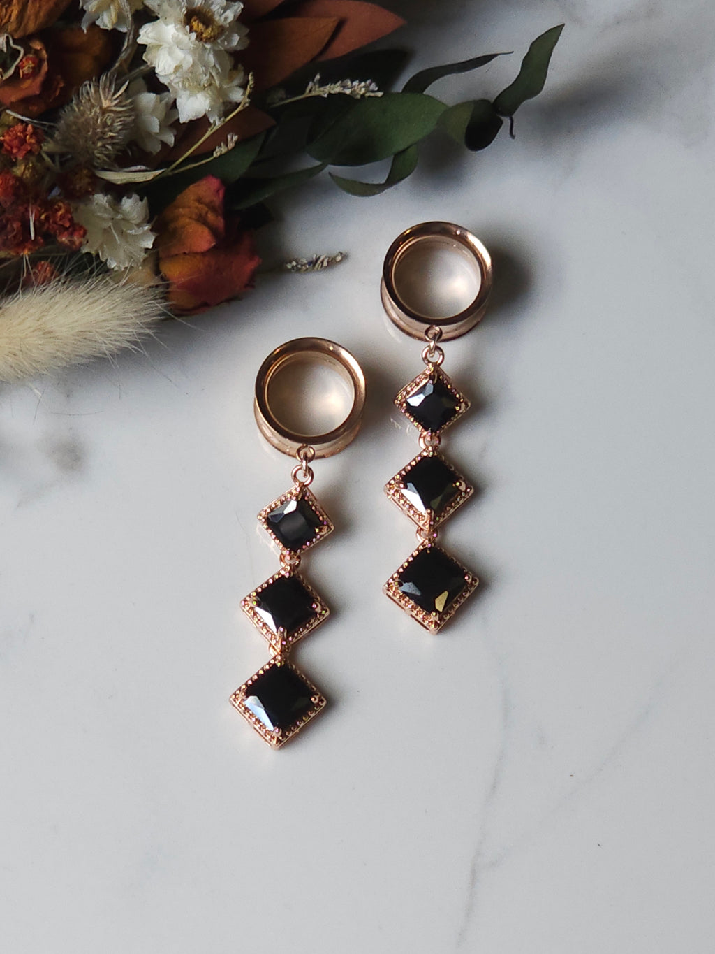 Rose Gold and Black dangle gauges