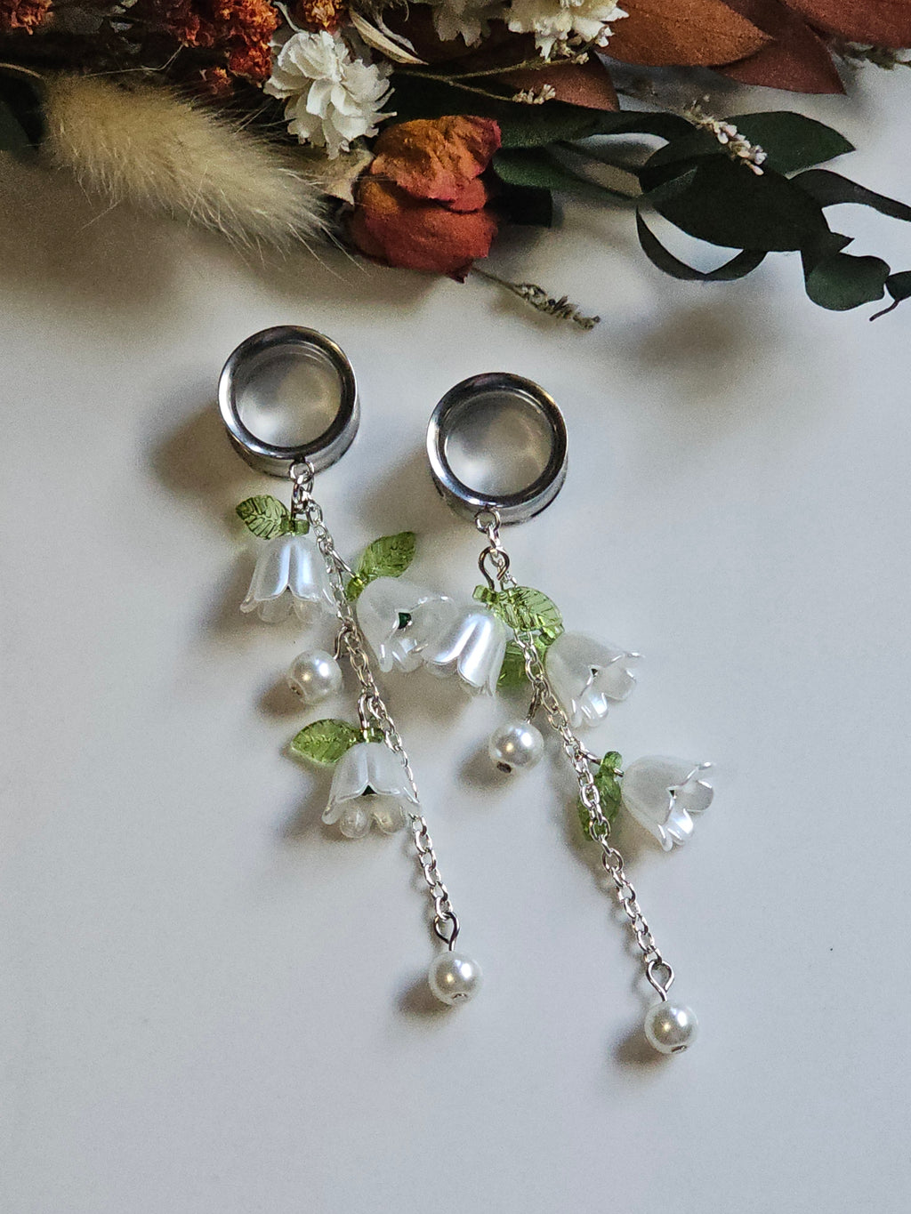 Silver lily of the Valley dangle gauges
