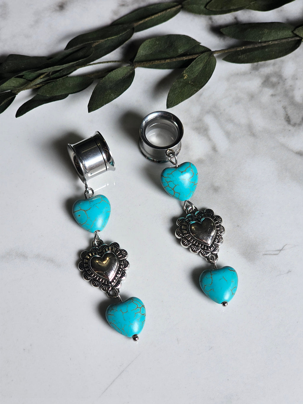 Turquoise heart dangle gauges