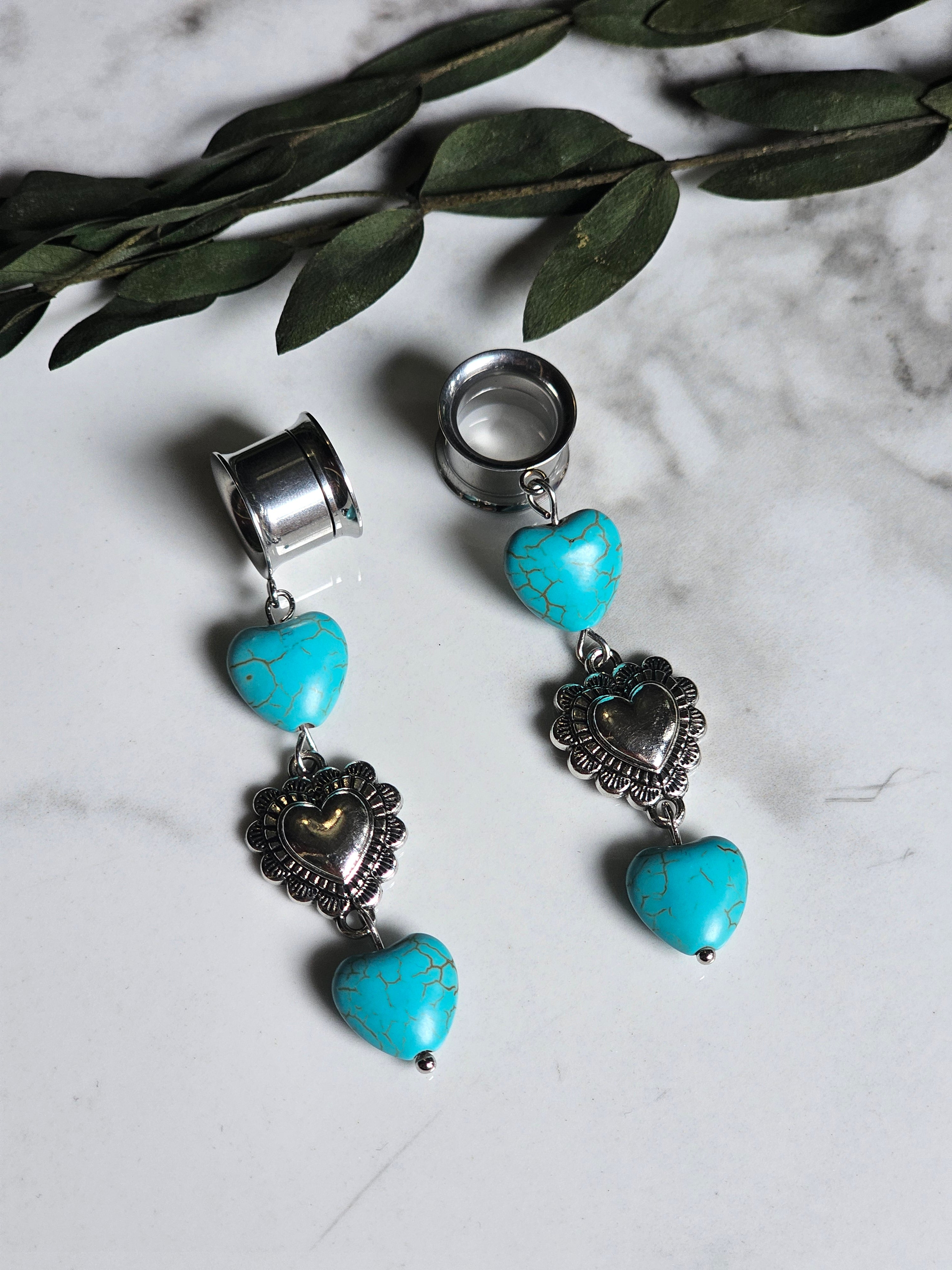 Turquoise heart dangle gauges