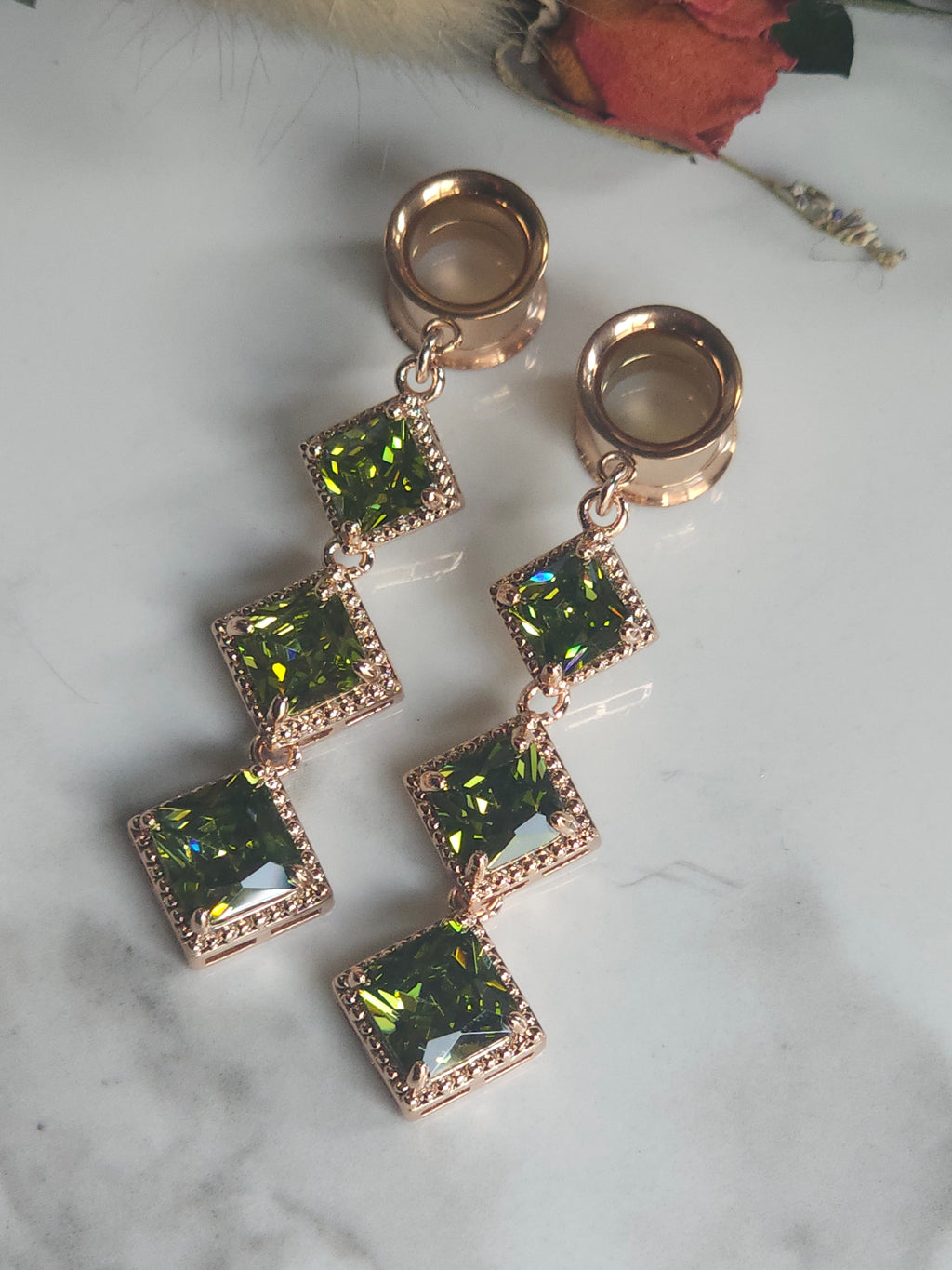 Rose Gold and Olive dangle gauges