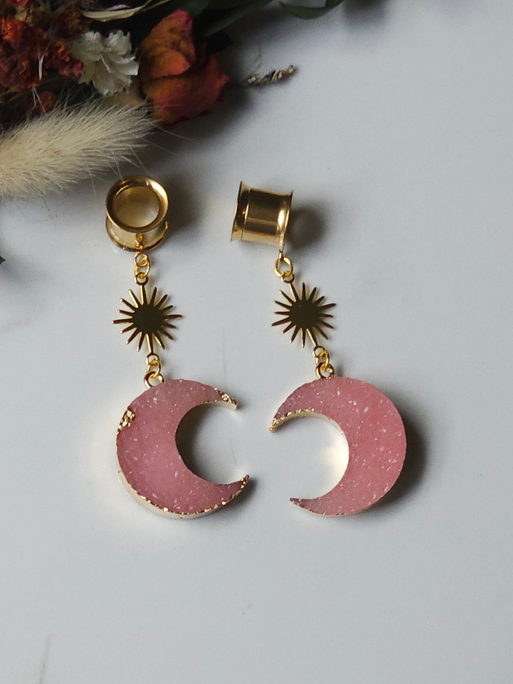 Pink Crescent dangle gauges