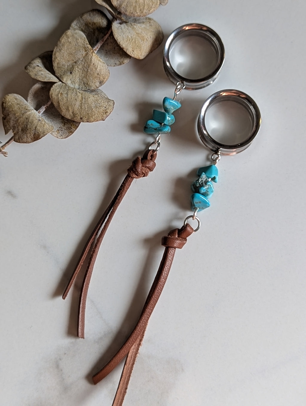 Turquoise and leather dangle gauges