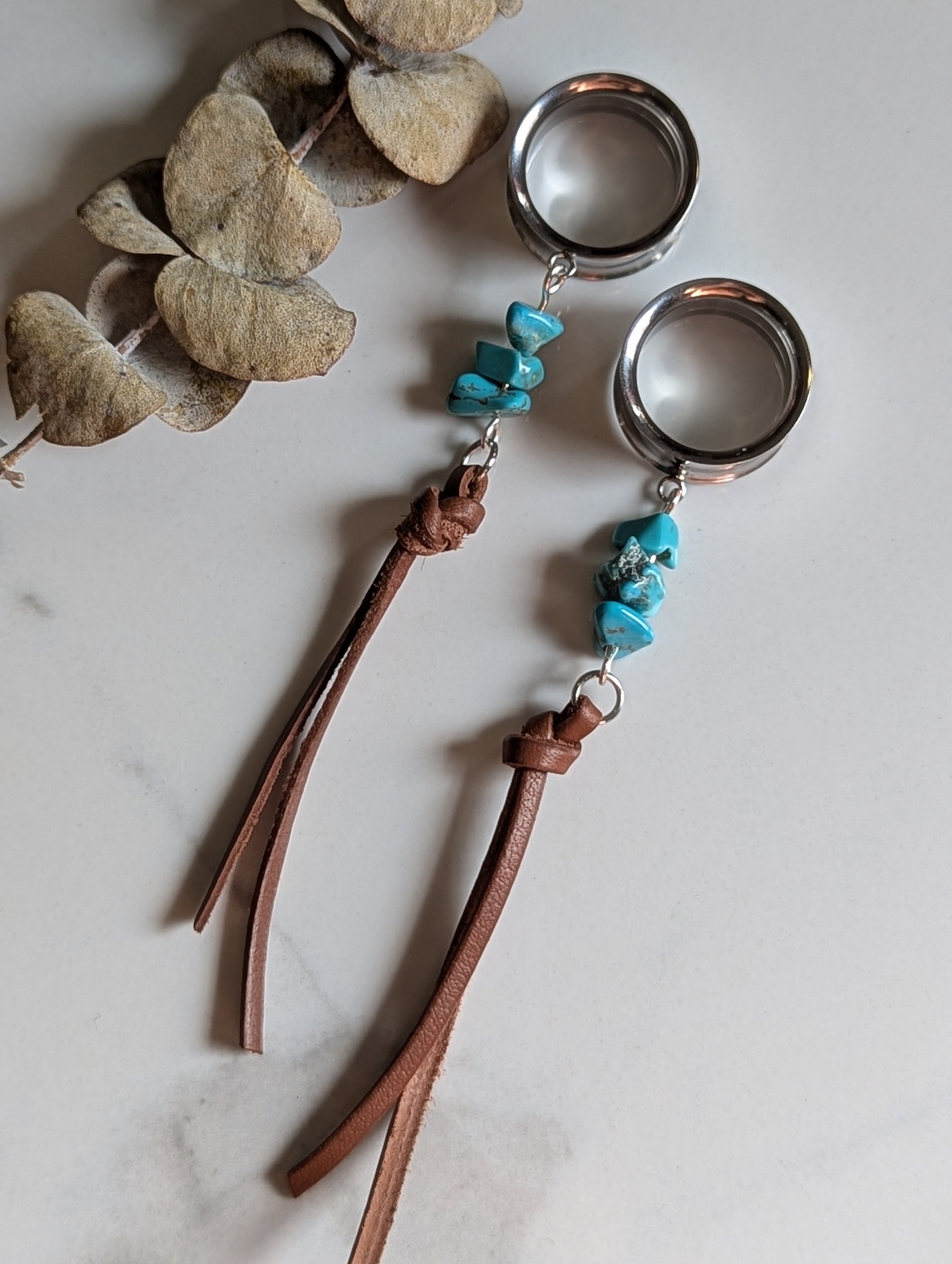 Turquoise and leather dangle gauges