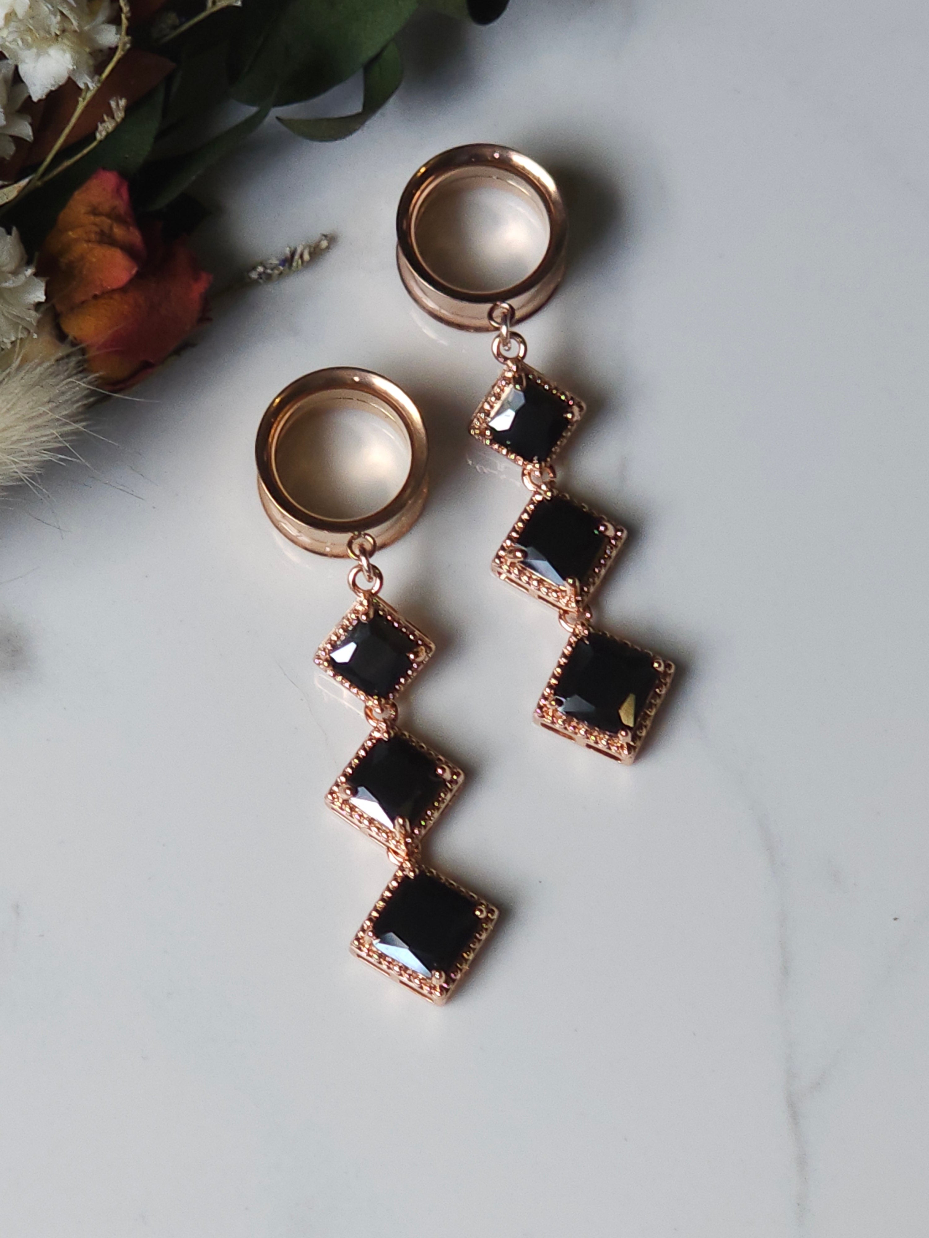 Rose Gold and Black dangle gauges