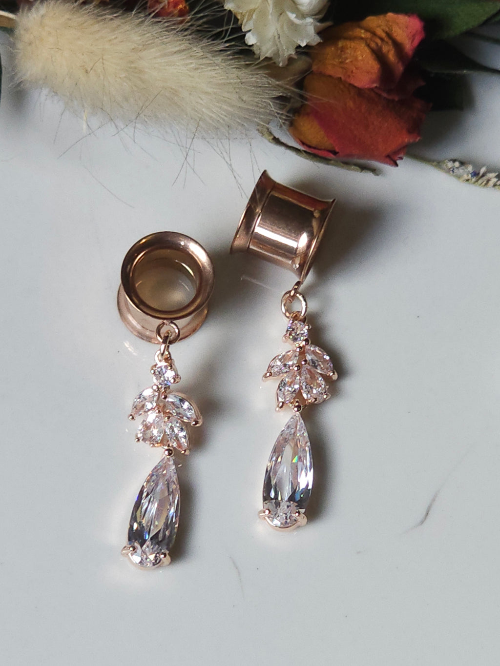 Rose Gold Crystal drop dangle gauges