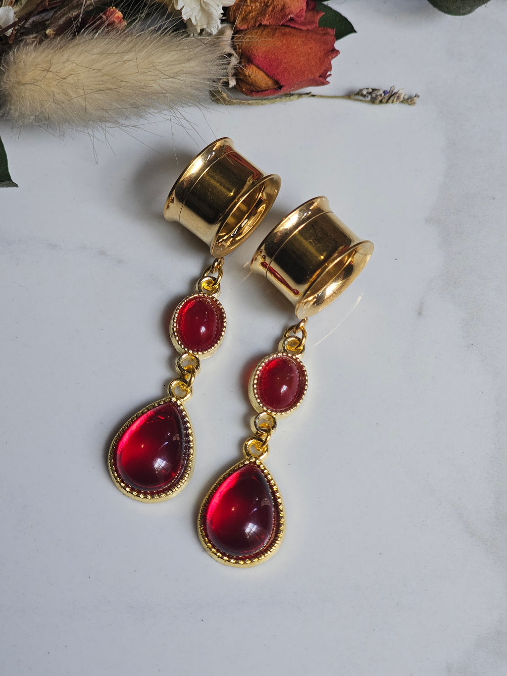 Red Gold Gothic Dangle Gauges